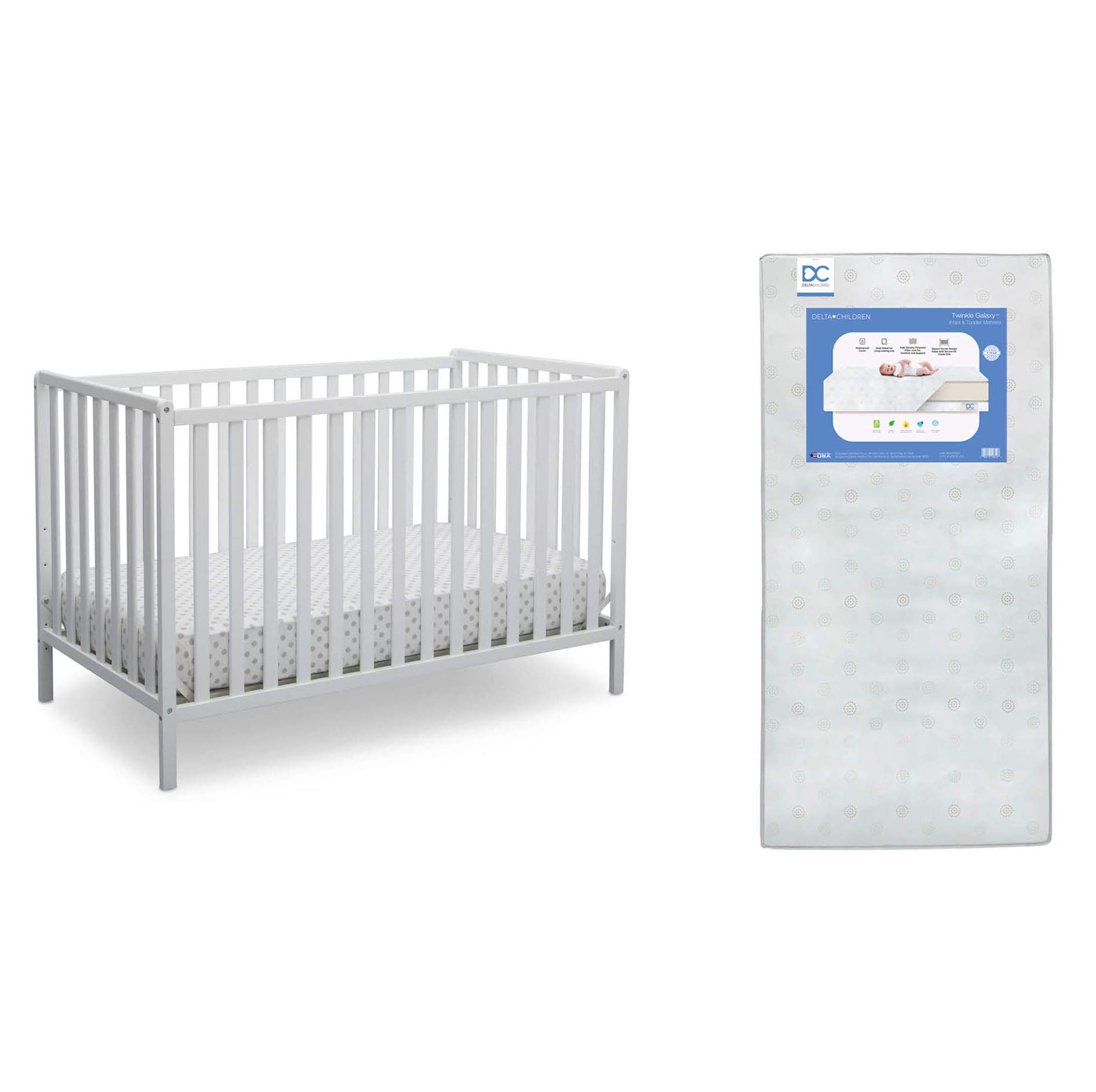 Delta Children Heartland 4-in-1 Convertible Crib in Bianca White with Twinkle Galaxy Dual-Sided Recycled Fiber Core Mattress - Nursery Furniture Set for Baby & Toddler | Safe Sleep Solution for Newborn to Big Kid Transition