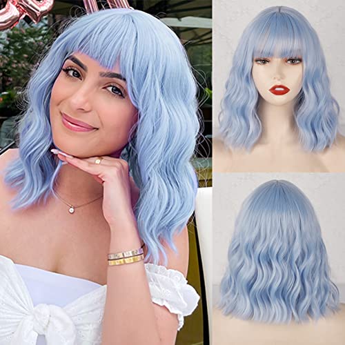 ZPRESS Light Blue Short Wavy Synthetic Wig with Bangs - Shoulder Length Bob Style for Women | Perfect for Halloween, Cosplay & Costume Parties | Fun Colored Hair for Themed Events & Dress-Up