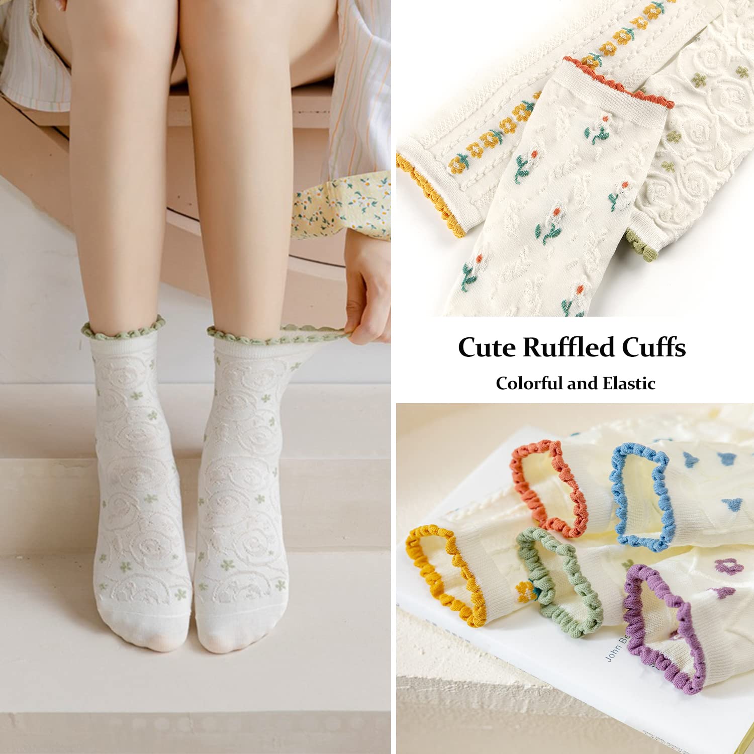 Albagu Women's Crew Socks - 5 Pack Cotton Casual Cute Floral Ankle Socks for Girls | Thin Dress Socks for Work, School & Everyday Wear | Fun Novelty Socks Collection