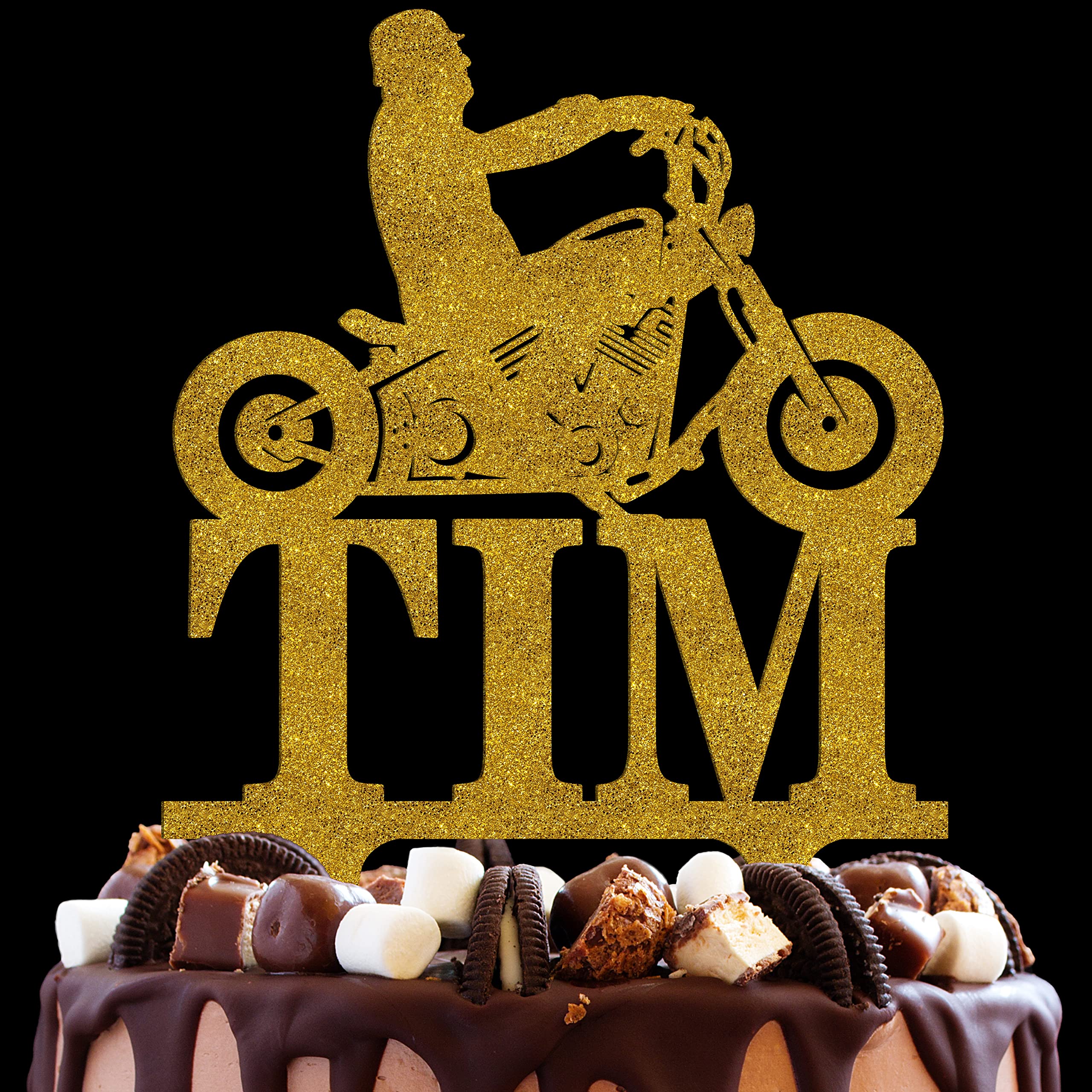 Custom Biker Silhouette Chopper Motorcycle Cake Topper - Personalized HD Birthday Cake Decor for Men - Glitter Biker Theme Party Supplies | Perfect for Motorcycle Enthusiast Birthday Cakes, Biker Weddings & Themed Celebrations