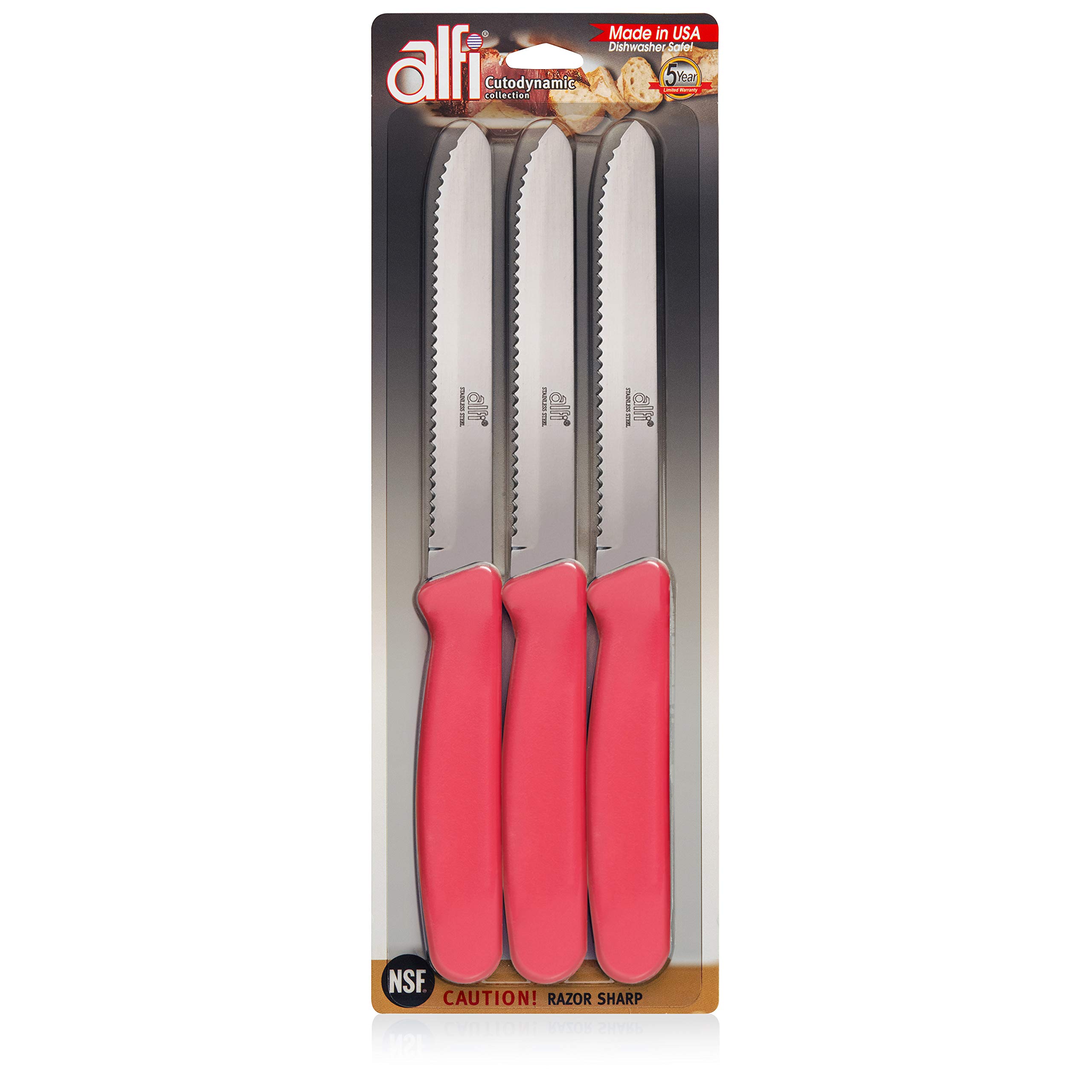 **Alfi Premium 3-Piece Serrated Steak Knives Set - Aerospace Precision Rounded Tip - Stainless Steel Kitchen Knives for Meat, Fruits & Bread - Made in USA (Strawberry Pink) - Perfect for Dining, BBQ & Gifting**