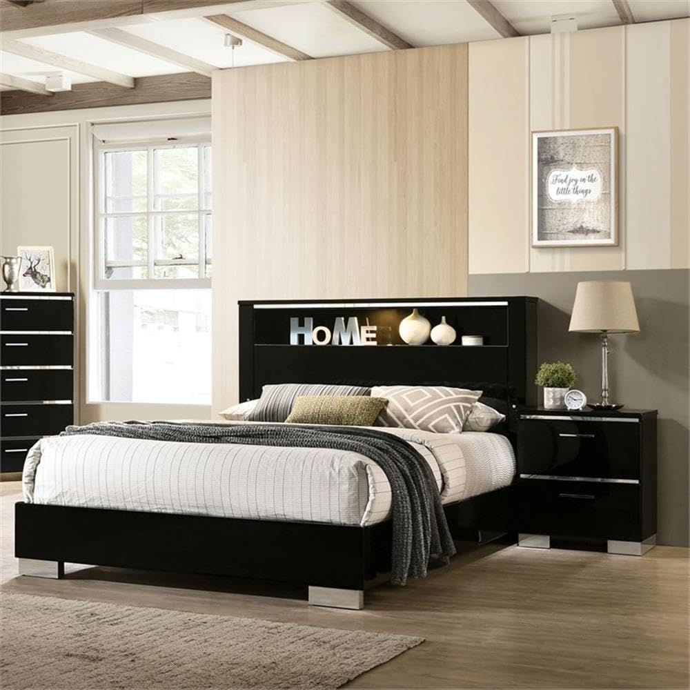 Furniture of America FOA Ryant Contemporary 3-Piece Black Wood Bedroom Set - King Size Bed Frame with 2 Nightstands for Modern Master Bedroom Decor