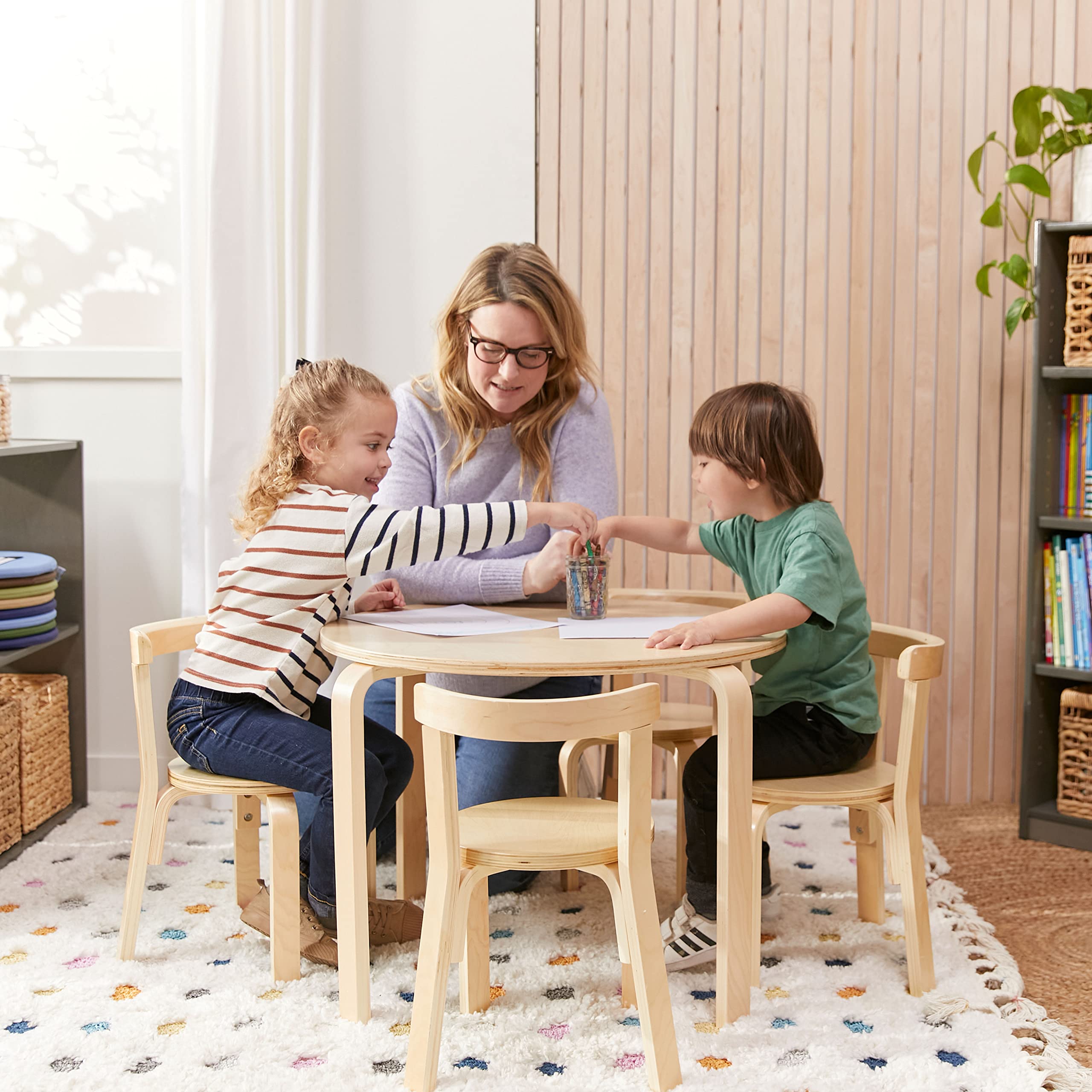 ECR4Kids Natural Bentwood Round Table and Curved Back Chair Set - 5-Piece Kids Furniture for Classroom, Playroom & Homeschool Learning Environment