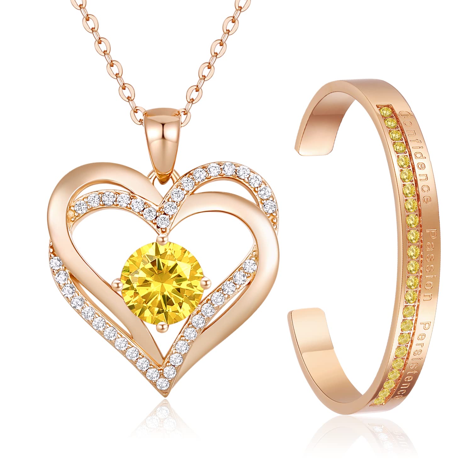 LOUISA SECRET Sterling Silver Birthstone Jewelry Set for Women - Heart Pendant Necklace & Bangle Bracelet Gift Set - Perfect Birthday, Christmas, Anniversary Gift for Her, Girlfriend, Wife - Ideal for Date Night, Special Occasions & Everyday Wear