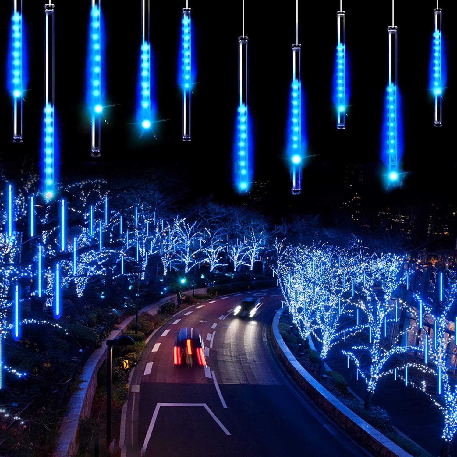 Loveboat Blue Rain Drop Lights - 8 Tubes 30cm 144 LEDs Meteor Shower Falling LED Tree Cascading String Lights for Outdoor Christmas, Wedding, Party, Garden & Holiday Decorations | Perfect for Patio, Backyard, Landscape and Special Events Lighting