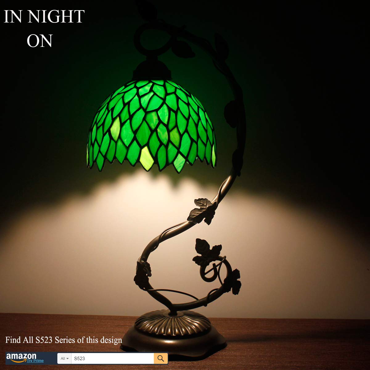 Tiffany Style Stained Glass Table Lamp - Green Wisteria Design with Metal Leaf Base, 8x10x21 Inches, Perfect for Bedroom, Home Office, Reading Light, Small Space Decor (S523 Series) | Elegant Lighting for Cozy Nights & Workspaces