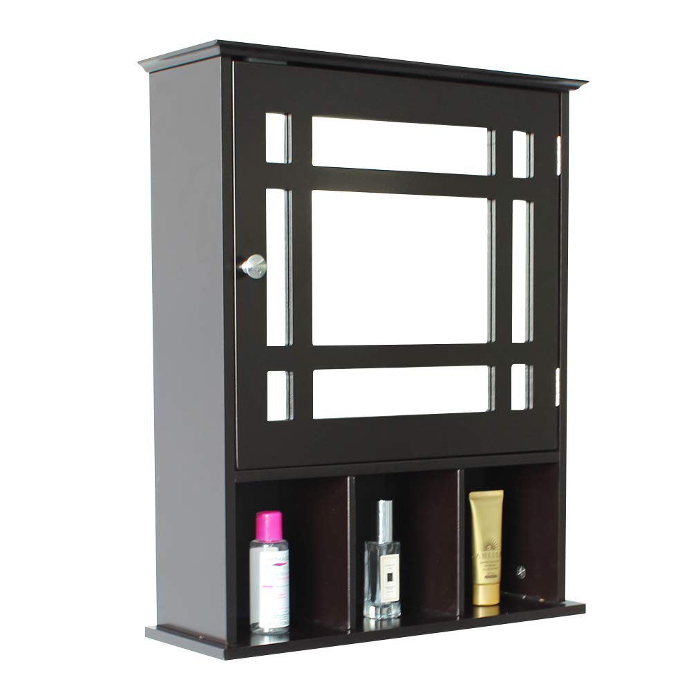 Espresso Wooden Mirror Cabinet - Wall Mounted Bathroom Storage with Adjustable Shelf & 3 Open Compartments | Perfect Medicine Cabinet for Small Bathrooms & Vanity Organization