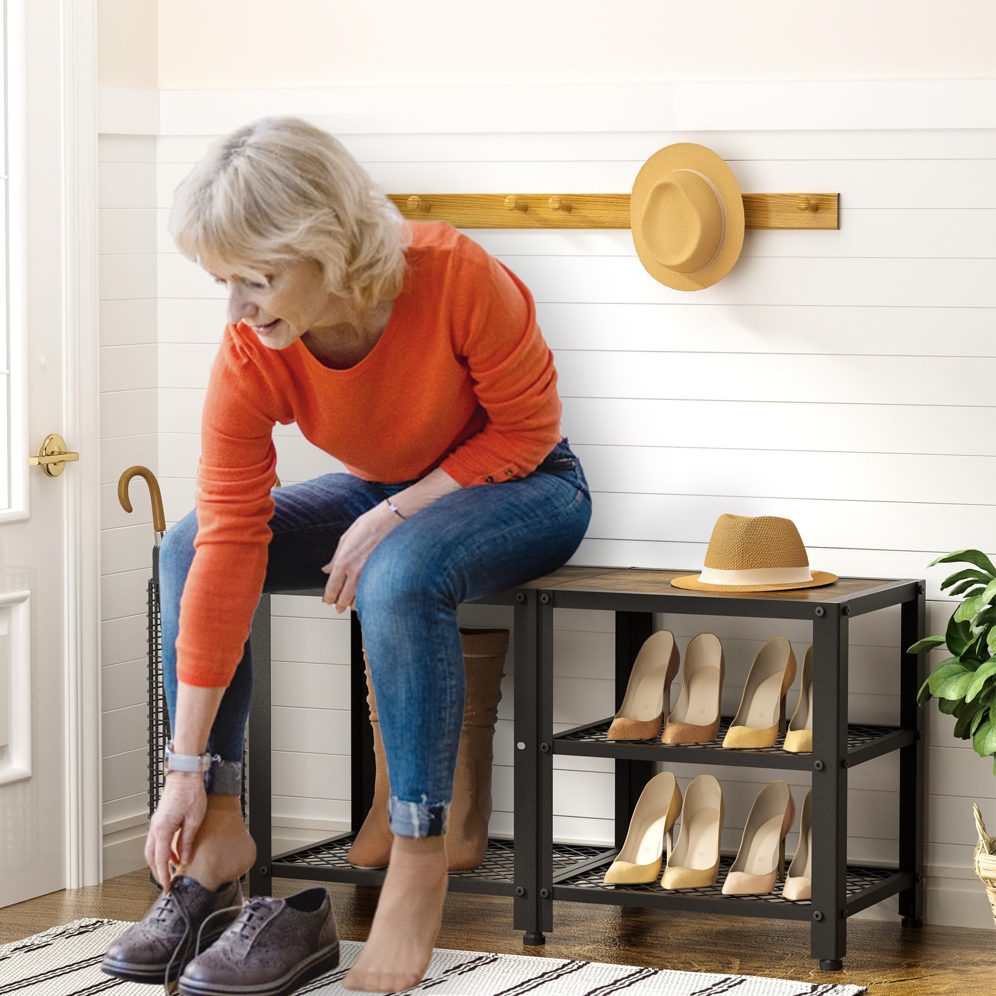 Hoctieon 3-Tier Wooden Shoe Bench with Mesh Shelves - 29