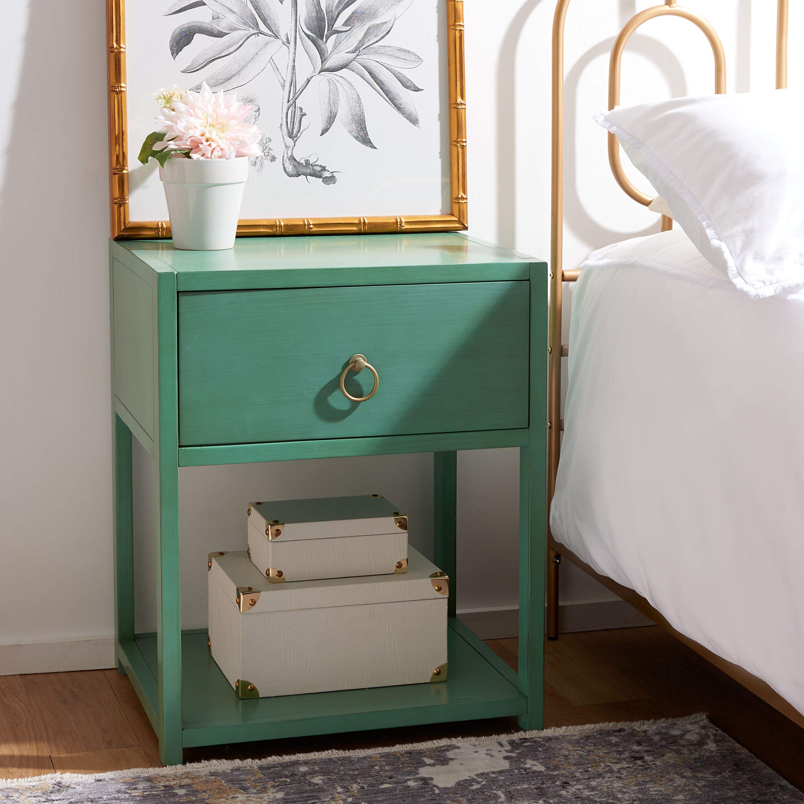 Safavieh Home Collection Yudi Turquoise and Gold 1-Drawer Nightstand - Modern Bedside Table for Bedroom Decor, Small Storage Cabinet with Drawer - Perfect for Guest Rooms, Apartments & Dormitories