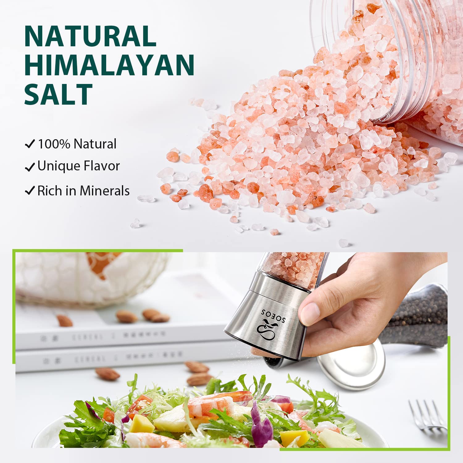 Soeos Himalayan Pink Salt & Rainbow Peppercorn Grinder Refill Set - 18oz Kosher Salt & 8oz Peppercorns - Gourmet Seasoning Blend for Cooking, Baking, Grilling & Salad - Perfect for Kitchen, BBQ & Dinner Parties
