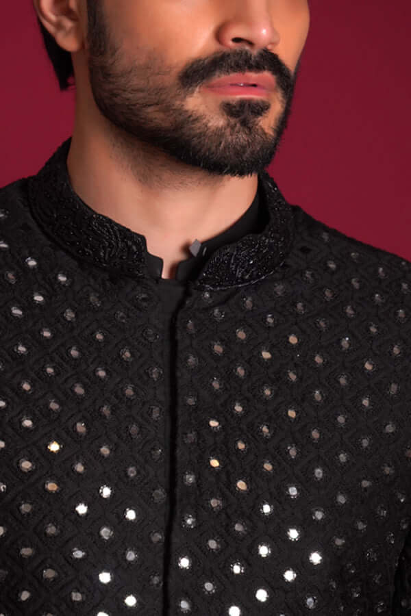 Stylish Jet Black Mirror Work Sherwani for Men - Elegant Indian Wedding & Festive Attire - Perfect for Grooms, Parties & Cultural Events