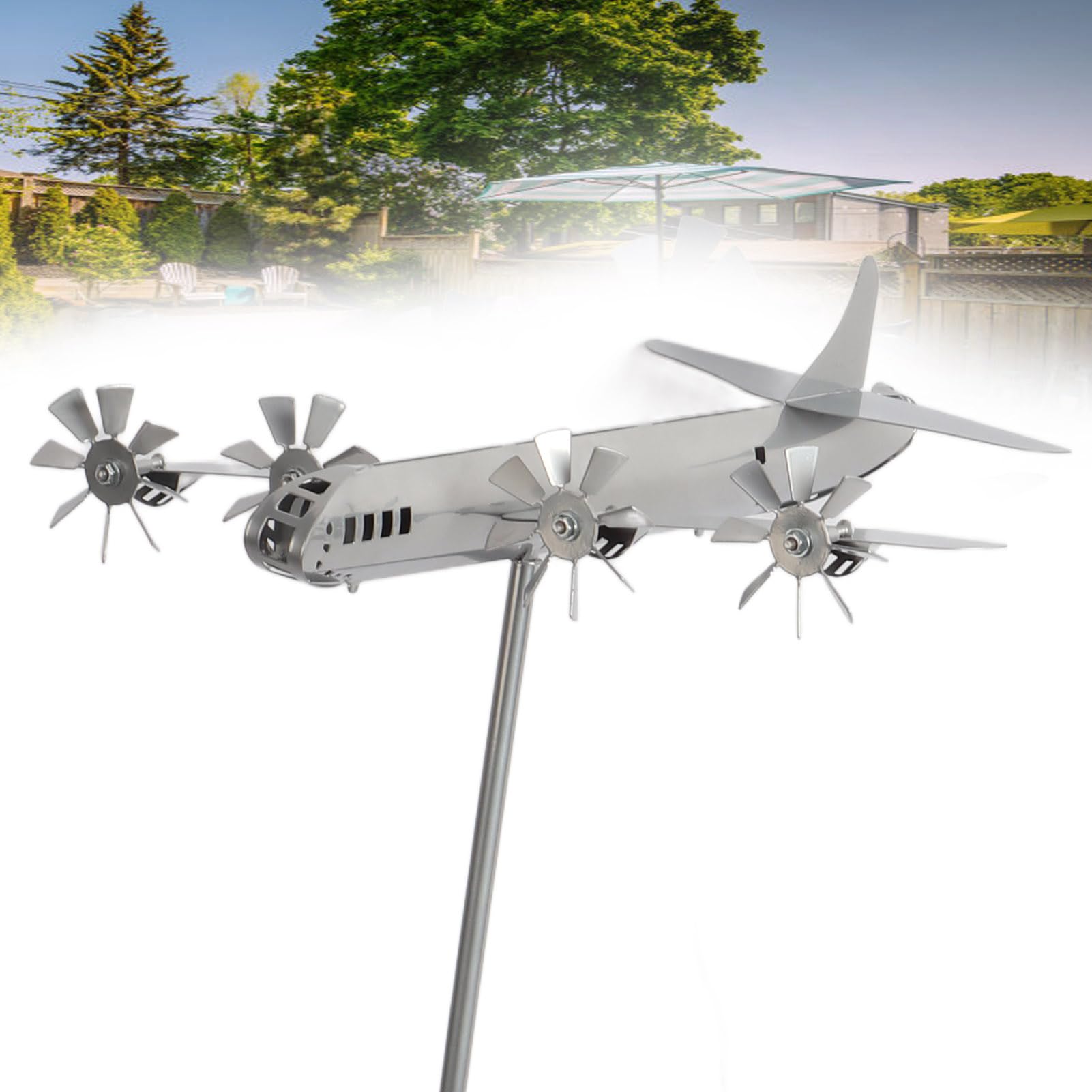 Stainless Steel B-29 Airplane Wind Spinner - Outdoor Windmill Sculpture for Garden, Patio, Yard & Lawn Decor | Durable Weather-Resistant Aircraft Stake for Wind Energy Display