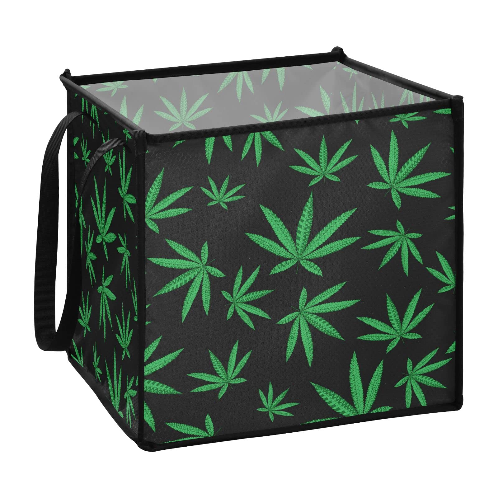 Hemp Leaf Pattern Collapsible Storage Bin - 10.6x10.6x10.6 Inch Foldable Fabric Cube Organizer with Handles for Toys, Nursery, Closet & Shelves | Perfect for Home Organization & Cannabis Accessories Storage