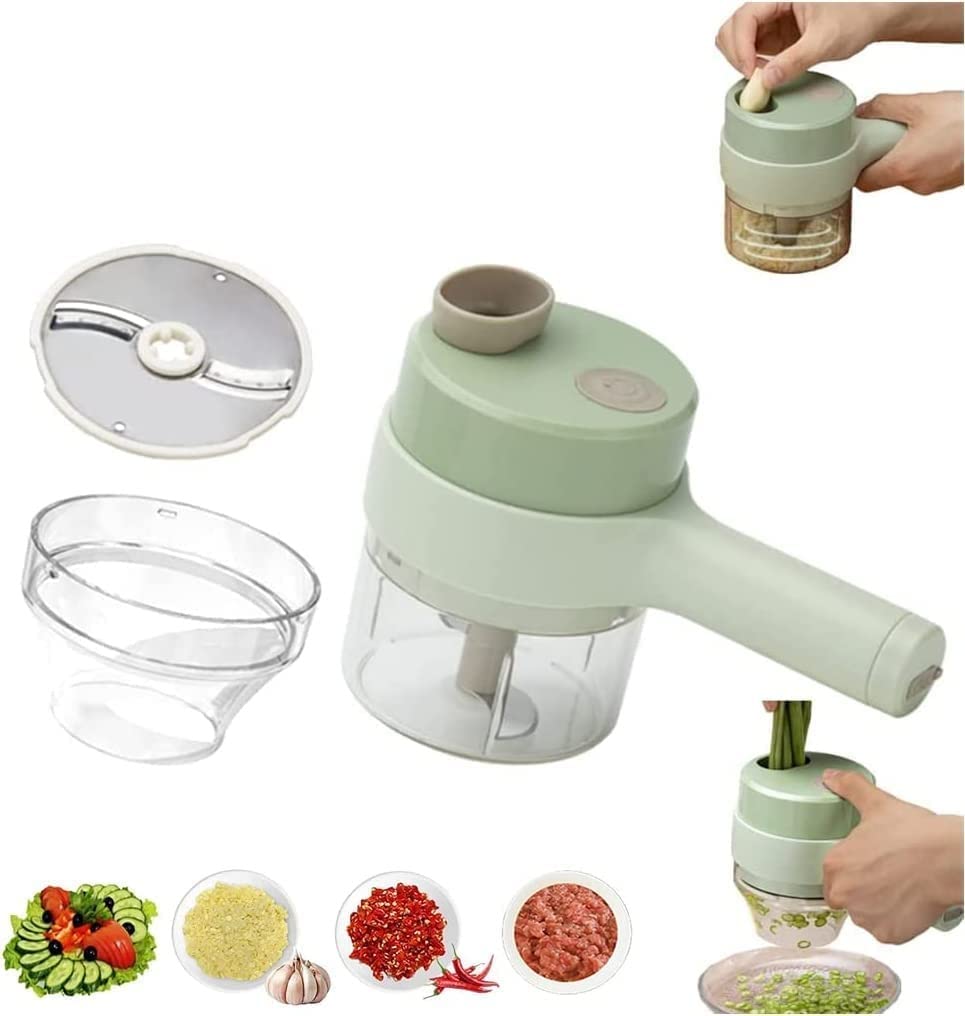 4-in-1 Portable Electric Vegetable Chopper Set - Mini Cordless Garlic Press & Food Processor for Onion, Garlic, Vegetables | Kitchen Gadget for Meal Prep, Salad Making & Cooking Accessories