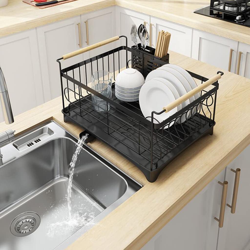 TOMYEUS Multifunction Dish Drying Rack - Heavy Duty Plated Iron Kitchen Sink Organizer with Drainer, Space Saving Black Dish Rack Holder for Countertop - Perfect for Small Kitchens, Apartments & Dorm Rooms