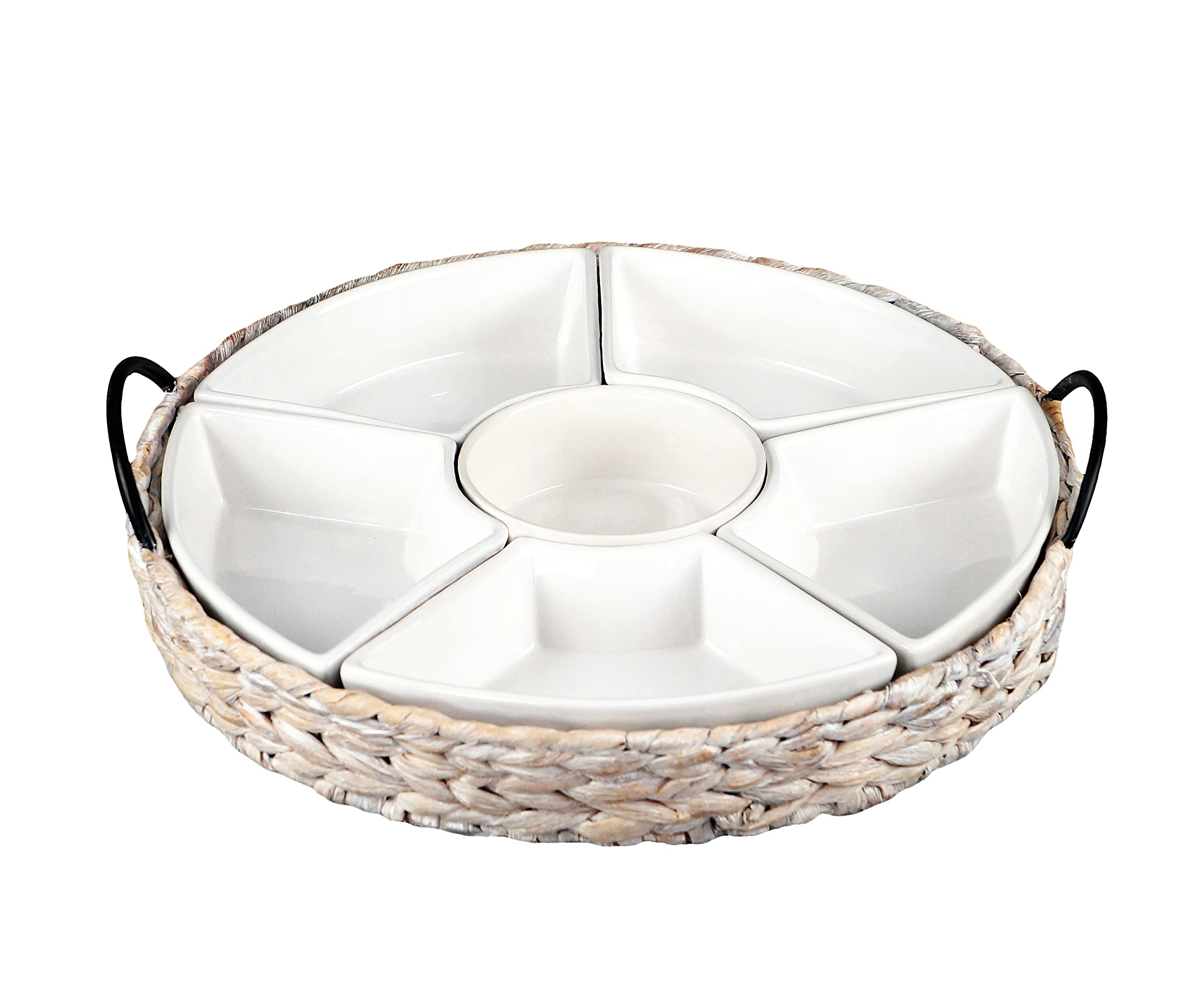 Whitewash Ceramic Serving Tray Set with 6 Removable Dishes - 15.5 x 15.5 Inch Large Party Platter for Appetizers, Chips, Fruits & Desserts - Elegant Food Serving Tray for Entertaining, Bridal Showers & Holiday Gatherings