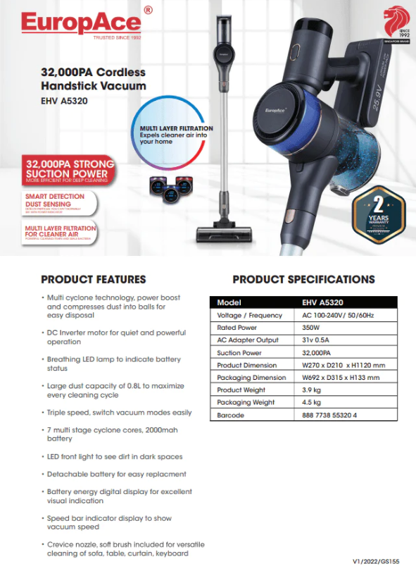 EuropAce EHV A5320 Cordless Handheld Vacuum Cleaner - 32,000PA Powerful Suction for Pet Hair, Car, Home Cleaning - Lightweight & Portable for Quick Mess Cleanup