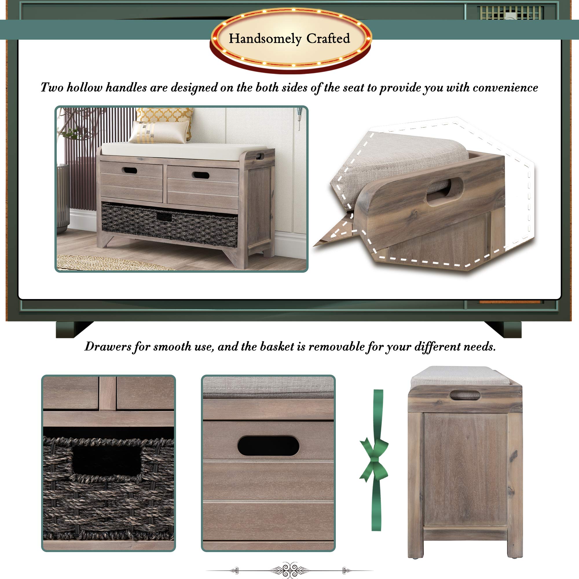 P PURLOVE Wooden Entryway Storage Bench with Removable Cushion & Baskets, 2-Drawer Shoe Bench for Hallway, Living Room - Perfect for Organizing Shoes, Blankets & Home Decor (Fully Assembled)