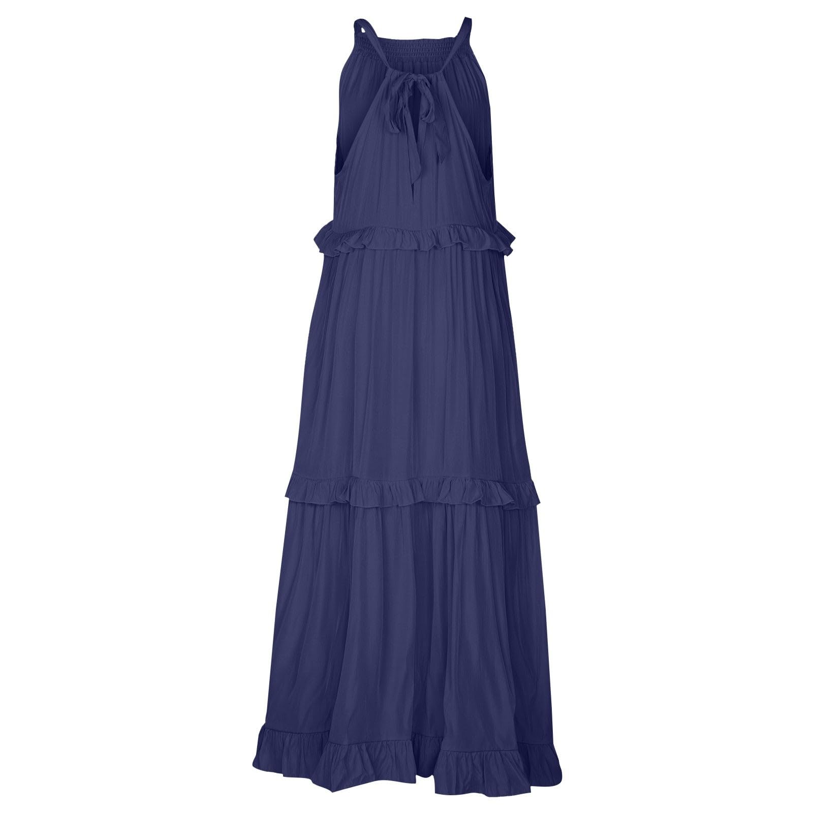 Women's Summer Casual Sleeveless Halter Neck Tiered Beach Dress - Flowy Swing Maxi Dress with Pockets for Beach Vacation, Pool Party & Outdoor Date
