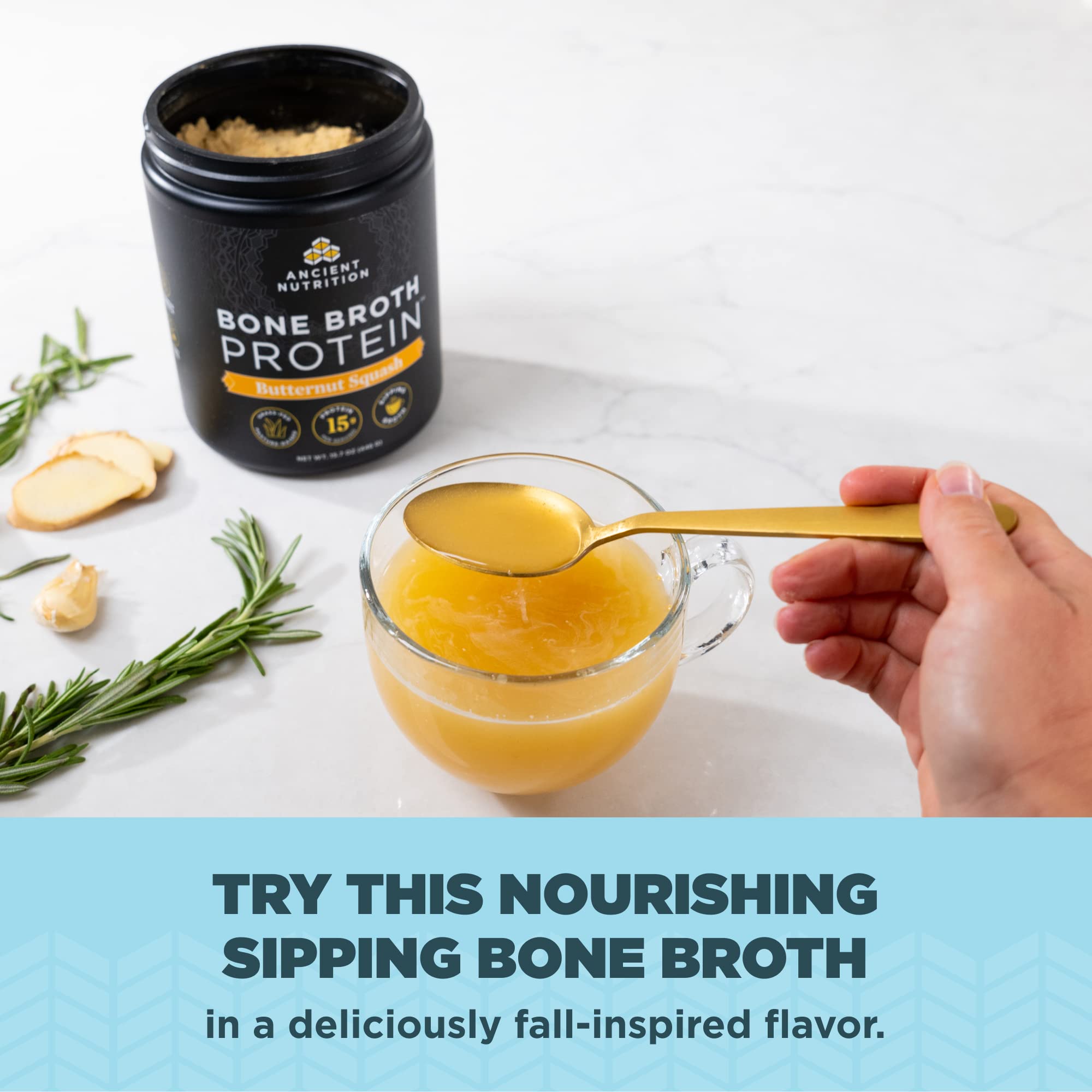 Ancient Nutrition Bone Broth Protein Powder - Butternut Squash Flavor, Grass-Fed Chicken & Beef Collagen, 15g Protein per Serving, Gut Health Support, 15 Servings | Post-Workout Recovery & Immune System Boost