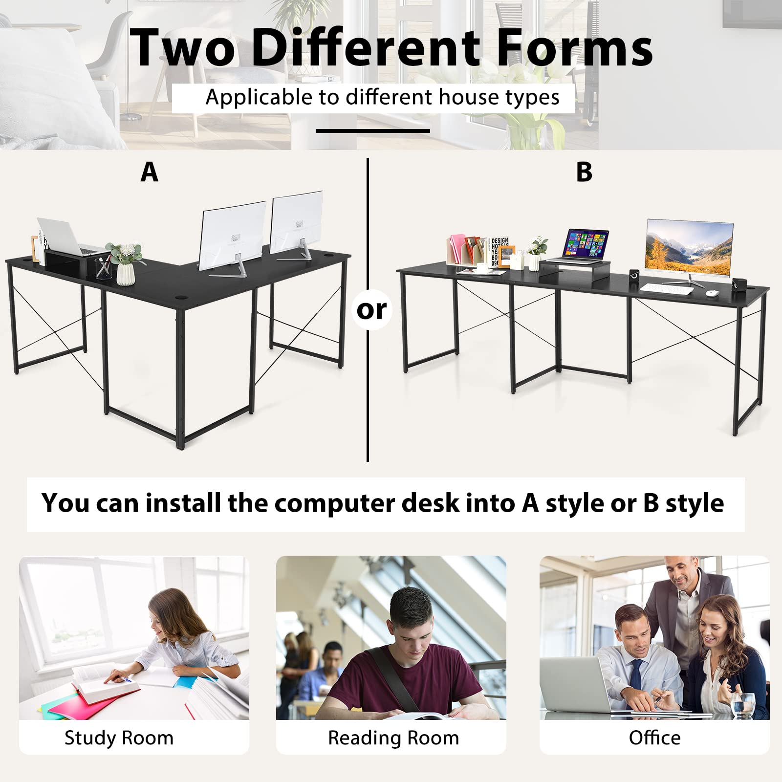 Tangkula L-Shaped Computer Desk with Monitor Stand - Reversible Corner Study Writing Desk for Home Office, 3 Cable Holes, Spacious 2-Person Workstation, Ergonomic Laptop Desk (Black) - Perfect for Small Spaces, Gaming Setup & Remote Work