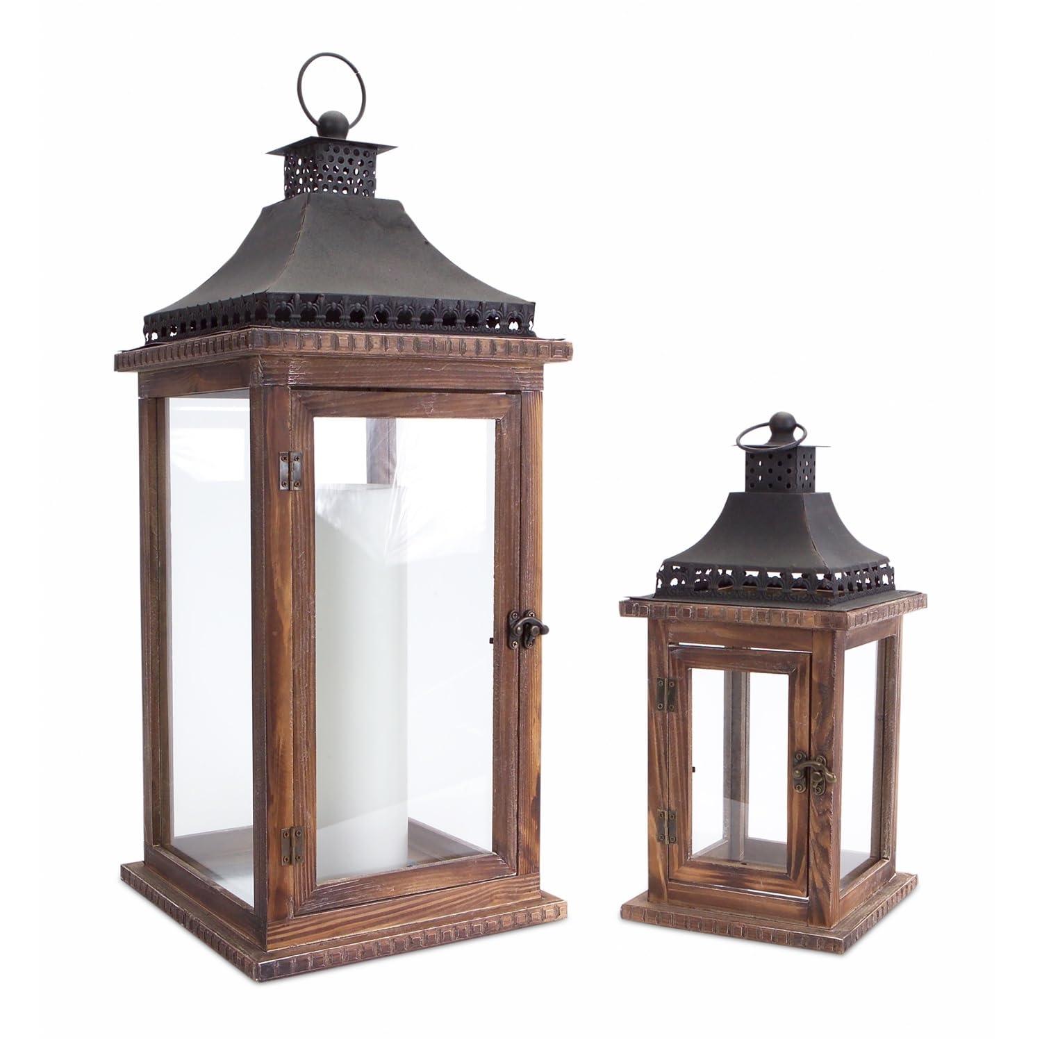 Set of 2 Cape Cod Wooden and Glass Pillar Candle Holder Lanterns 23.5