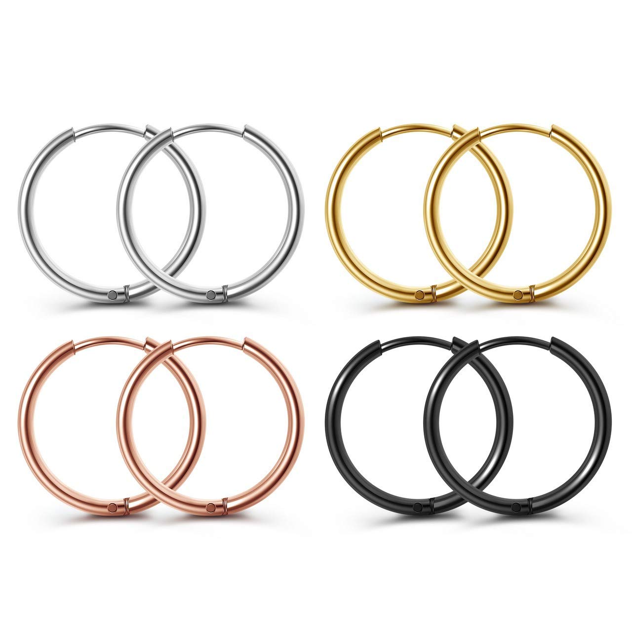 PiercingJ 4 Pairs Stainless Steel 6-20mm Huggie Hoop Earrings - Hypoallergenic Cartilage Helix Lobes Hinged Sleeper Earrings for Men & Women - Perfect for Daily Wear, Gifts & Professional Settings