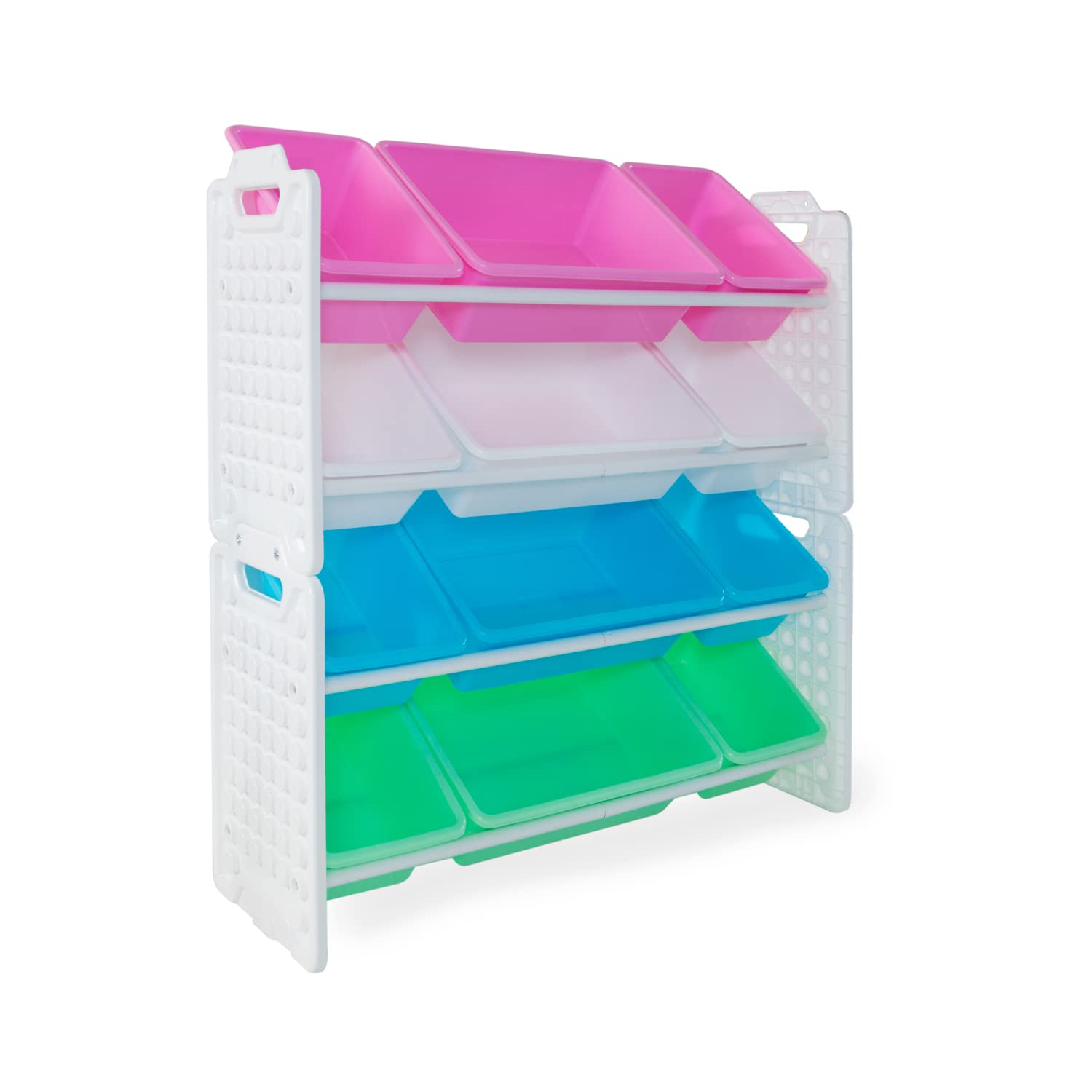 UNiPLAY 12-Bin Toy Organizer with Removable Storage Bins - Kids Book & Toy Storage for Building Blocks, School Supplies, Arts & Crafts - Sturdy Baseplate Frame (Pink) - Perfect for Playrooms, Classrooms & Daycare Centers