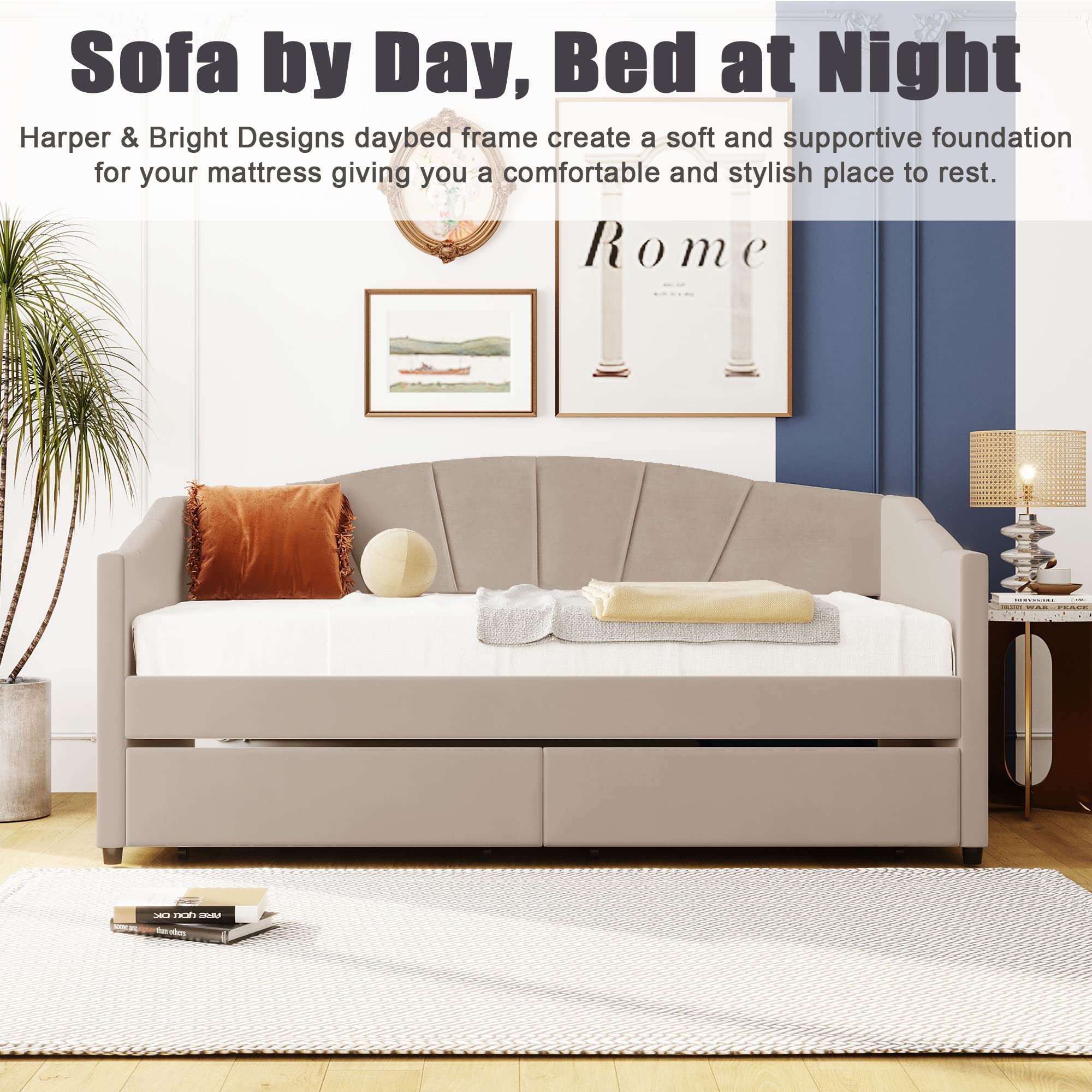 Harper & Bright Twin Daybed with Storage Drawers - Upholstered Sofa Bed for Bedroom & Living Room - Beige