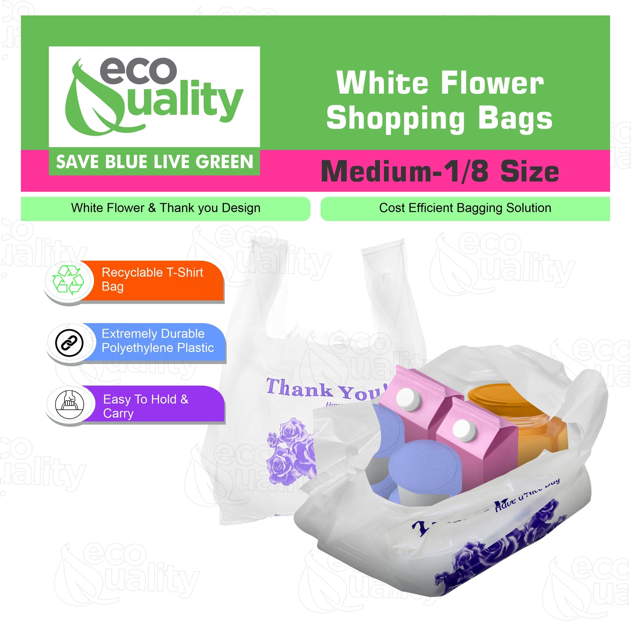EcoQuality 3000 Count White Plastic T-Shirt Bags - 1/8 Size Reusable Shopping Bags (17