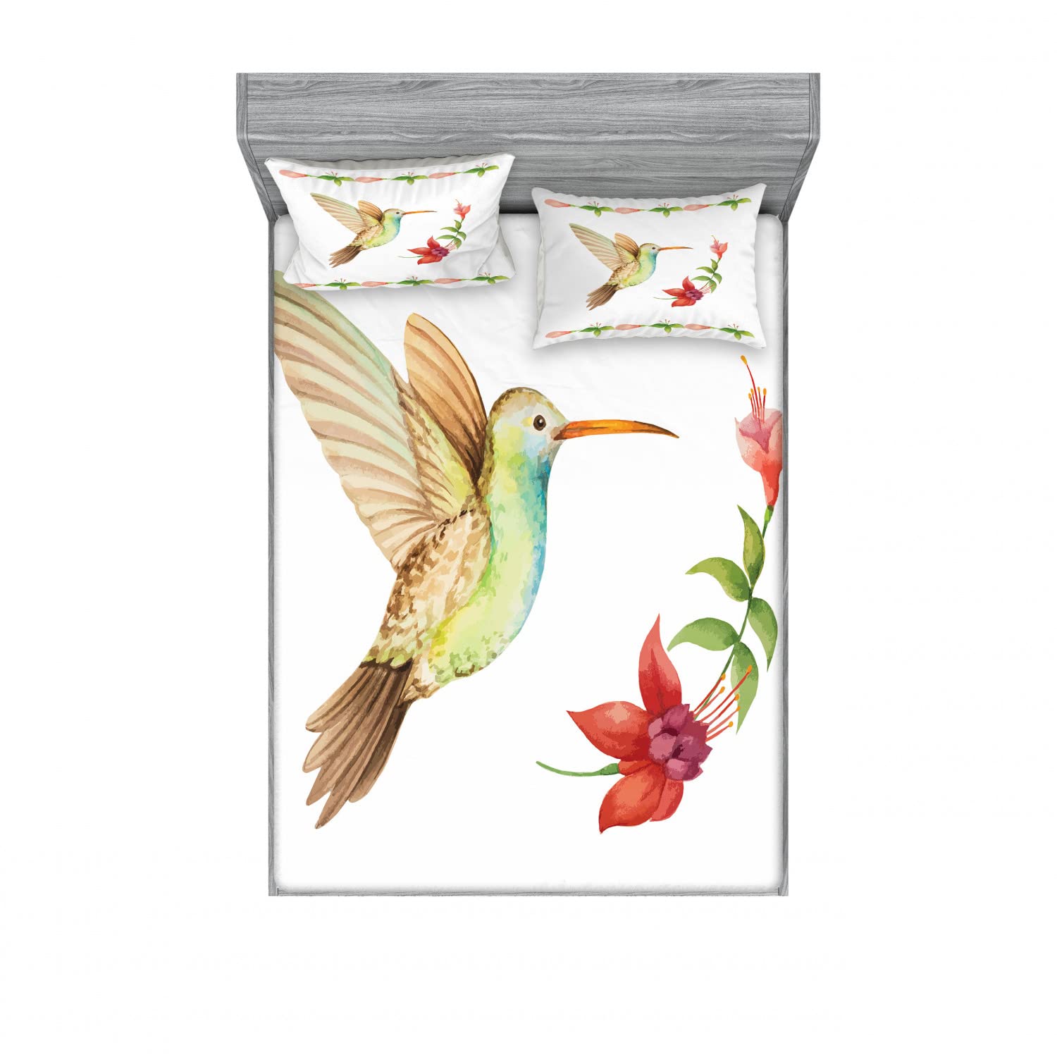 Ambesonne 2-Pack Full Size Fitted Sheet Set with 4 Pillow Shams - Vibrant Hummingbird Floral Design in Red & Green - Soft Bedding Collection for Home Decor - Perfect for Guest Rooms, Dormitories & Cozy Bedroom Makeovers
