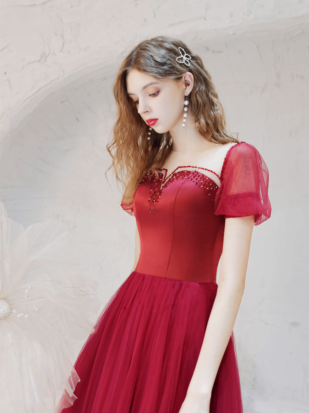 Elegant A-Line Burgundy Long Prom Dresses with Tulle & Beading - Formal Evening Gowns for Homecoming, Ball, Wedding Guest & Special Occasions