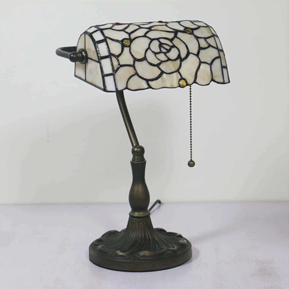 Tiffany Style Desk Lamp - Handmade White Flower Glass Shade with Pull Switch | Banker's Lamp & Decorative Table Light for Office, Bedside, Living Room, Bedroom, Bar & Cafe | Perfect for Reading, Study & Home Decor