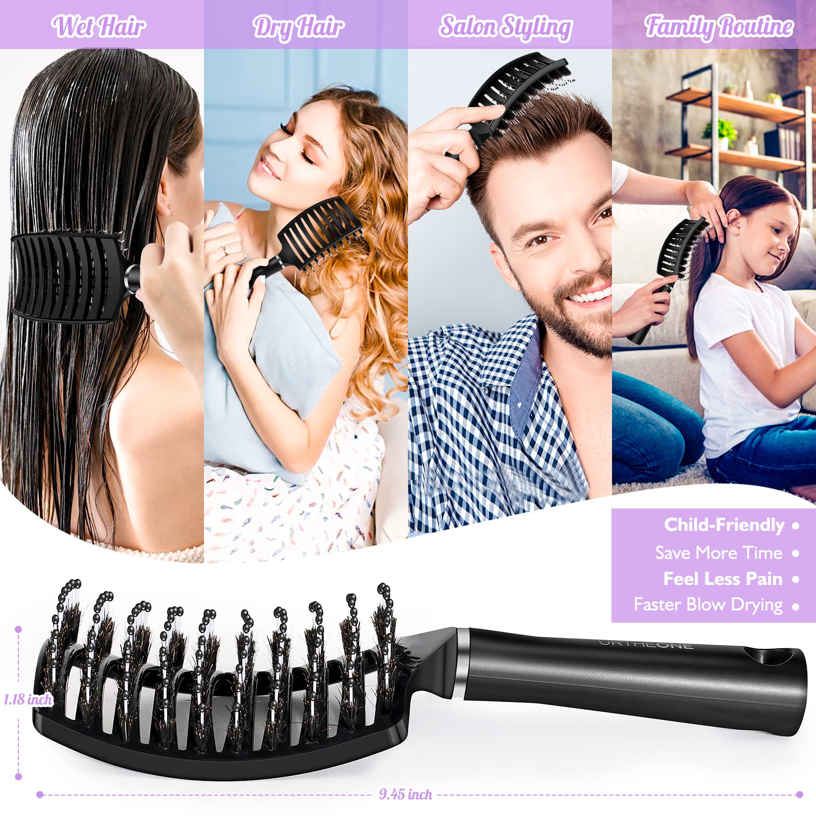 Boar Bristle Detangling Hairbrush for Women, Men & Kids – Smoothing Brush for Curly, Thick, Long or Short Hair – Wet & Dry Use – Curved Vented Design for Faster Blow Drying – Perfect for Home, Travel & Salon Styling (Black)