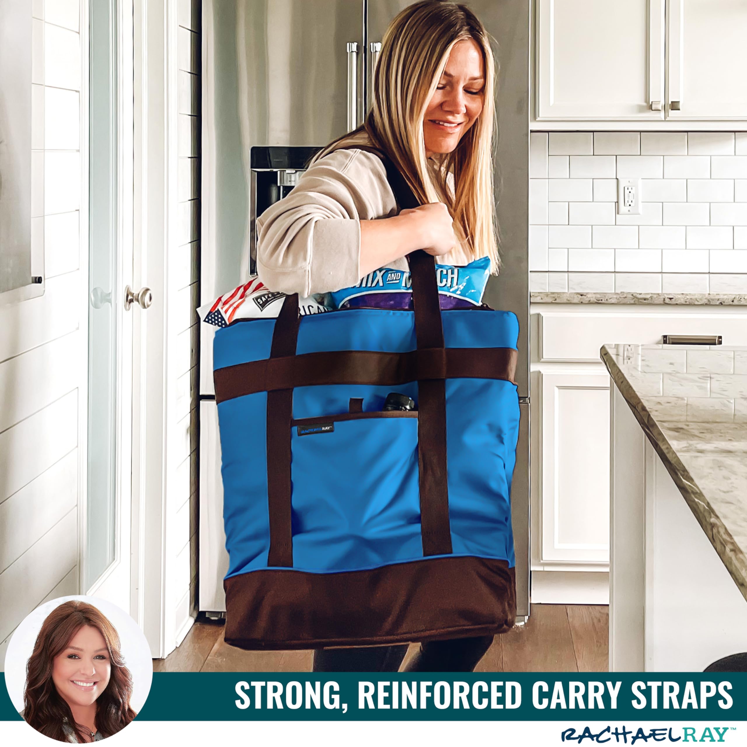 Rachael Ray Jumbo Insulated Cooler Tote Bag - Leakproof Foldable Thermal Grocery Bag for Hot & Cold Food - Perfect for Picnics, Beach Trips, Camping & Travel