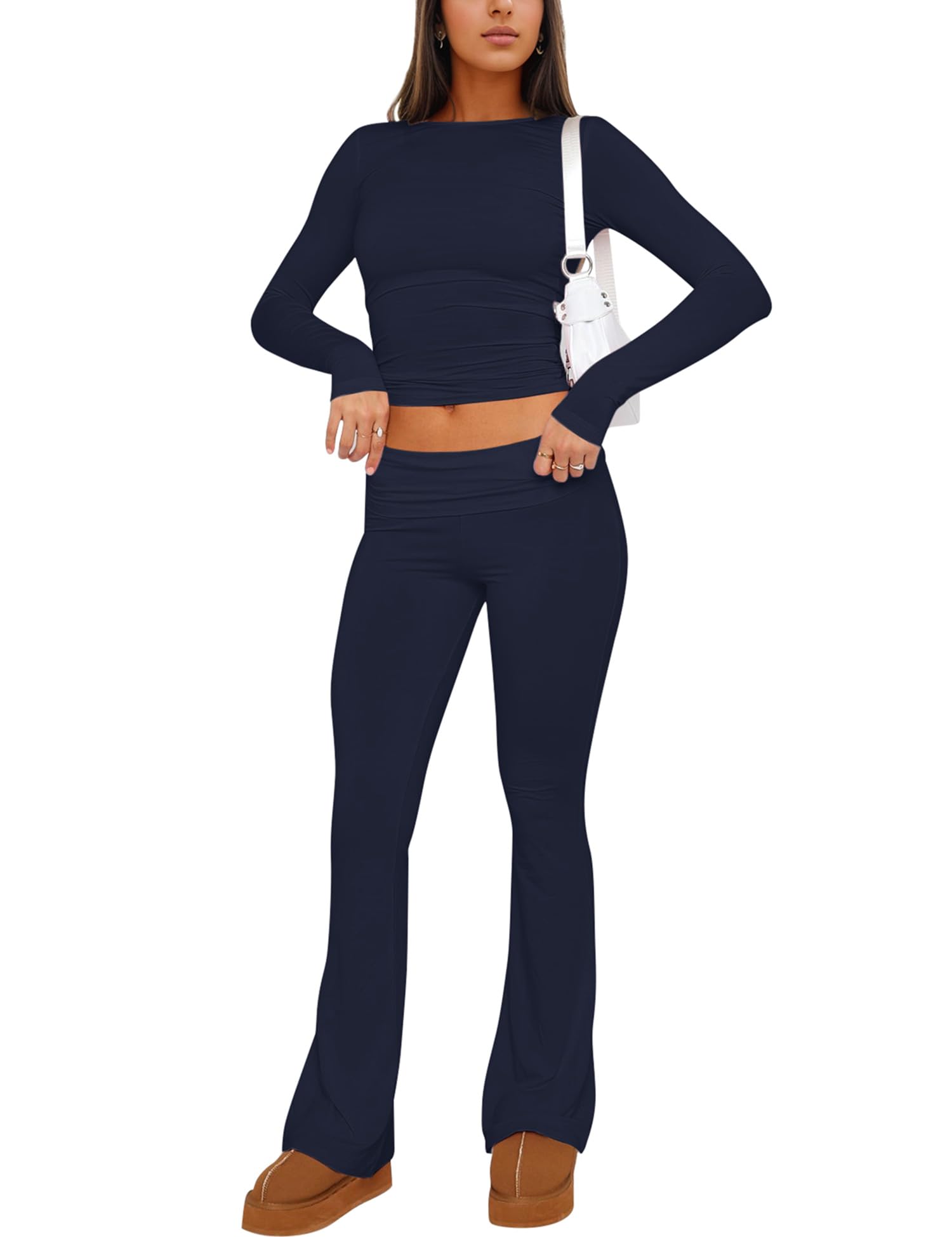 ZENWEI Women's 2-Piece Lounge Set - Long Sleeve Yoga Cropped Top & Fold-Over Flare Pants Tracksuit Outfit | Comfortable Matching Pajama Set for Home, Yoga, Sleep & Relaxation