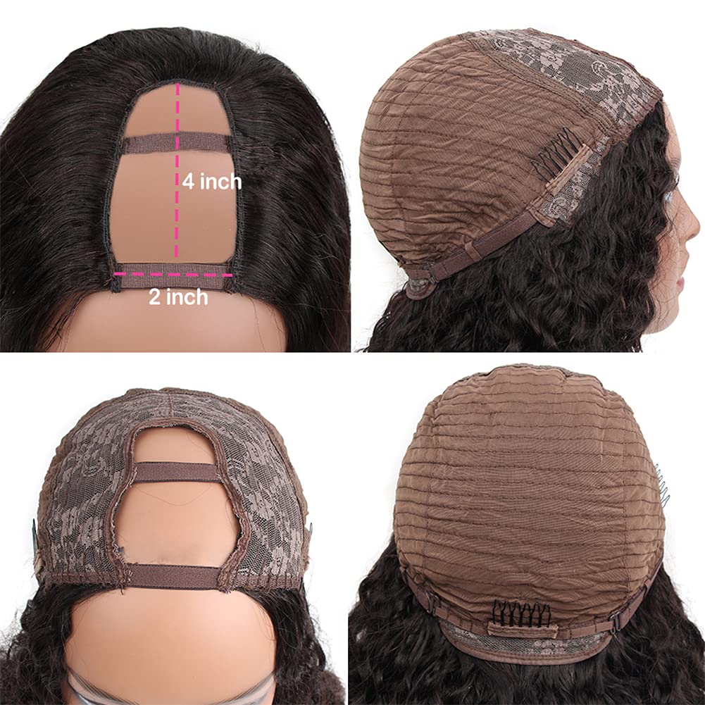 Brazilian Deep Wave U Part Wig 18 Inch - 180% Density Virgin Remy Human Hair for Black Women | Glueless Clip-in Half Wig with U Shape | Natural Color for Daily Wear, Parties & Special Occasions