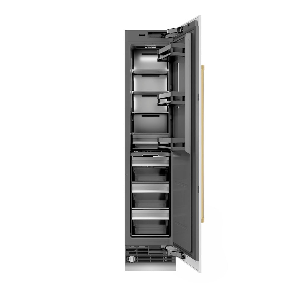 ZLINE Autograph Edition 18 Inch 8.6 cu ft Right Hinge Column Freezer - White Matte Finish with Graphite Gray Interior & Polished Gold Accents (RCFVRZ WM 18 G) - Perfect for Home, Restaurant, or Commercial Kitchen Storage