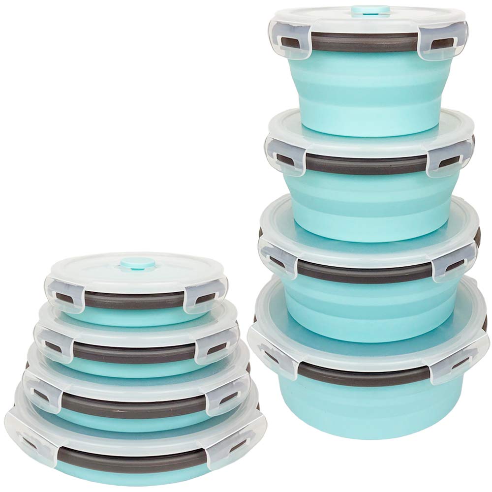 **CARTINTS 4-Pack Blue Collapsible Silicone Bowls with Airtight Lids – Microwave & Freezer Safe Food Storage Containers for Camping, Travel, and Meal Prep**