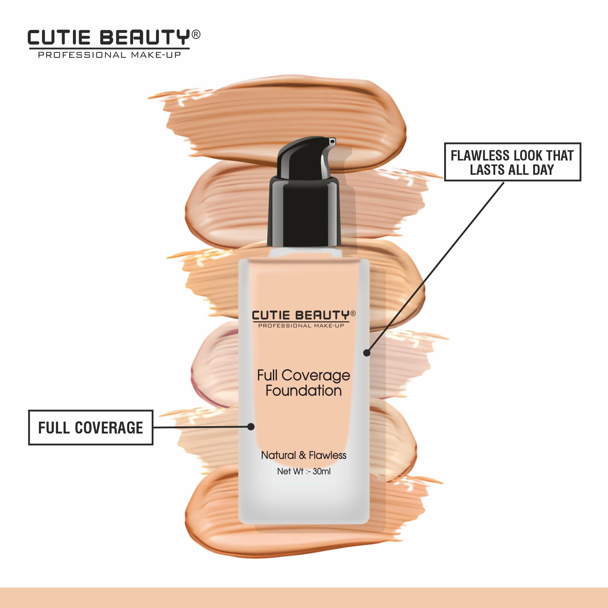 Cutie Beauty Professional Full Coverage Foundation - Natural & Flawless Finish, Long-Lasting, Oil-Free (Beige) | Perfect for Daily Wear, Special Occasions & Photography