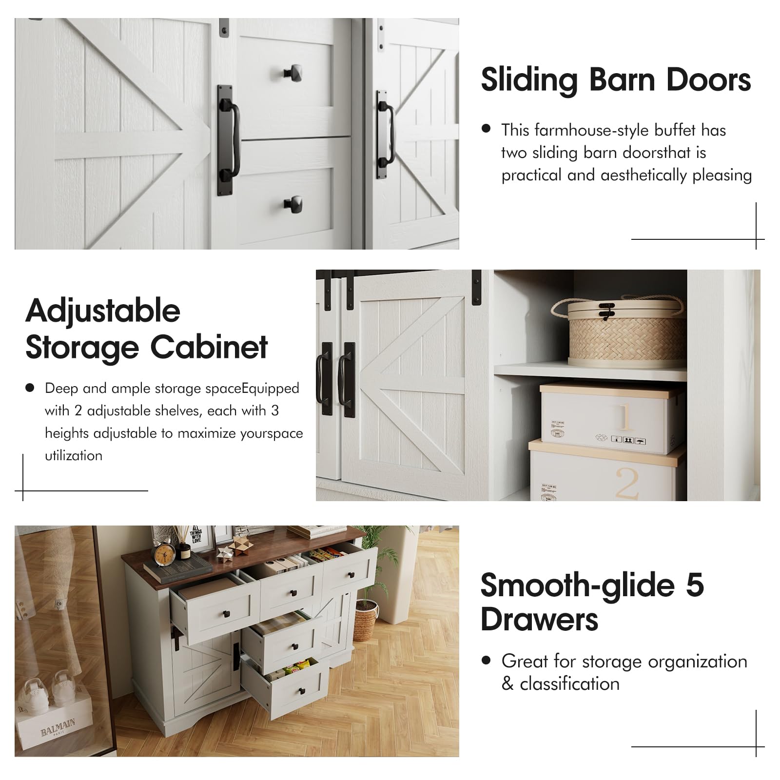 Farmhouse Sideboard Buffet Cabinet with Storage - Large Kitchen Cabinet with Sliding Barn Doors, 5 Drawers & Adjustable Shelves - White Coffee Bar Table for Dining Room - Perfect for Rustic Home Decor, Kitchen Organization & Entertaining Guests
