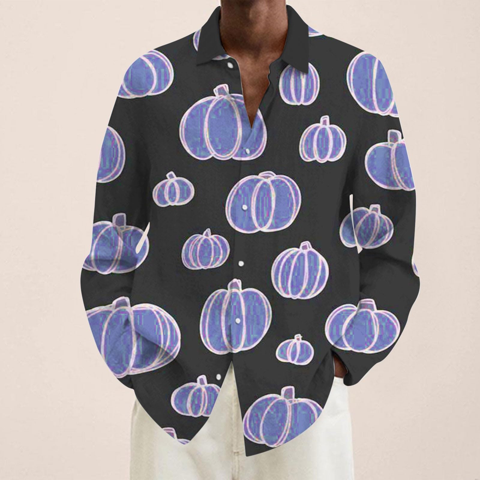 Parise Men's Halloween Long Sleeve Pumpkin Print Dress Shirt - Cute Button Down Fall Party Top for Casual Wear & Costume - Plus Size Available | Office, Halloween Party, Thanksgiving Celebration