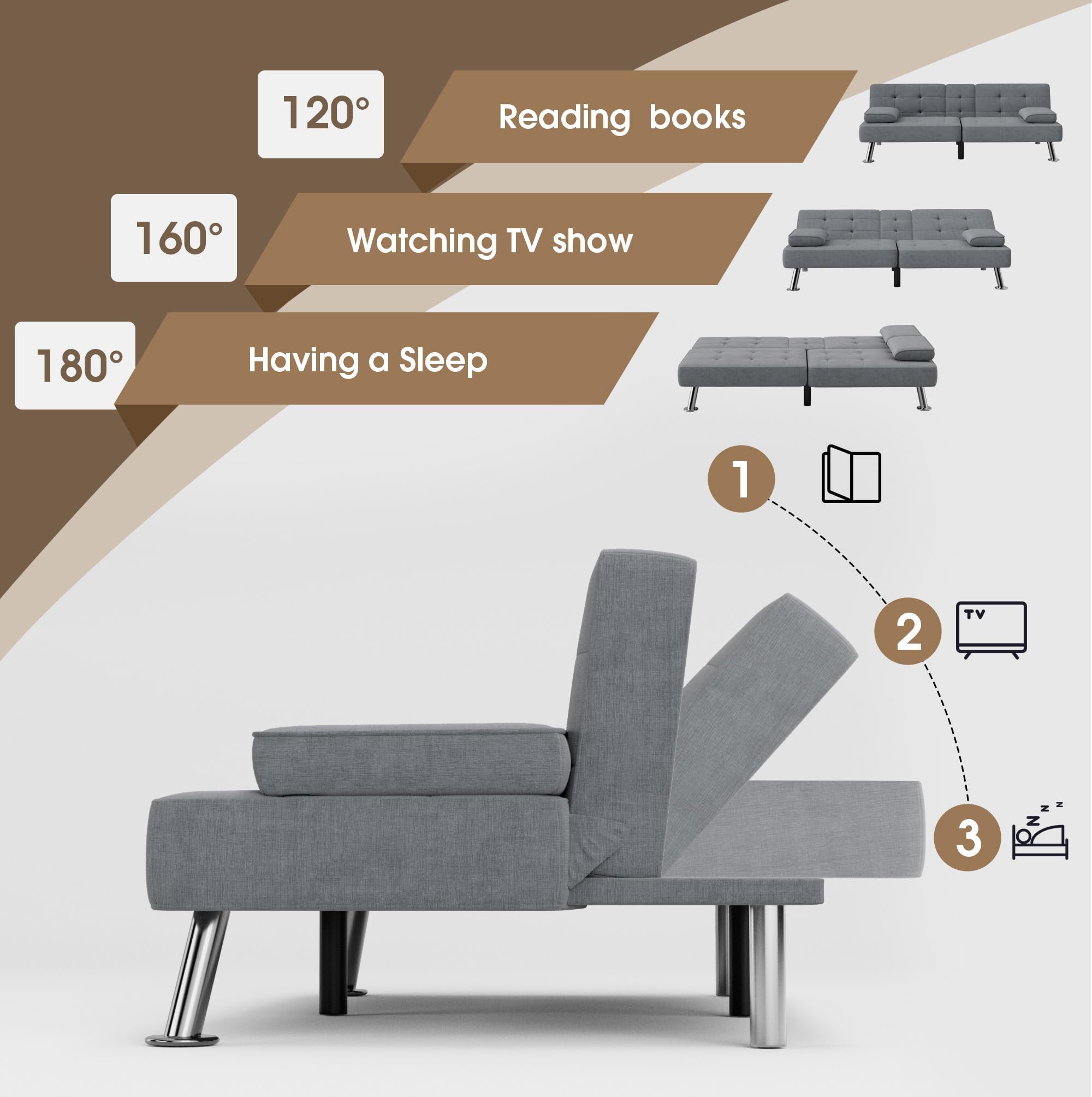 Modern Folding Futon Sofa Bed - Convertible Linen Fabric Recliner Lounge with 2 Cup Holders & Removable Armrests for Living Room, Bedroom or Guest Room (Grey) - Space-Saving Multi-Functional Furniture for Small Apartments & Home Offices