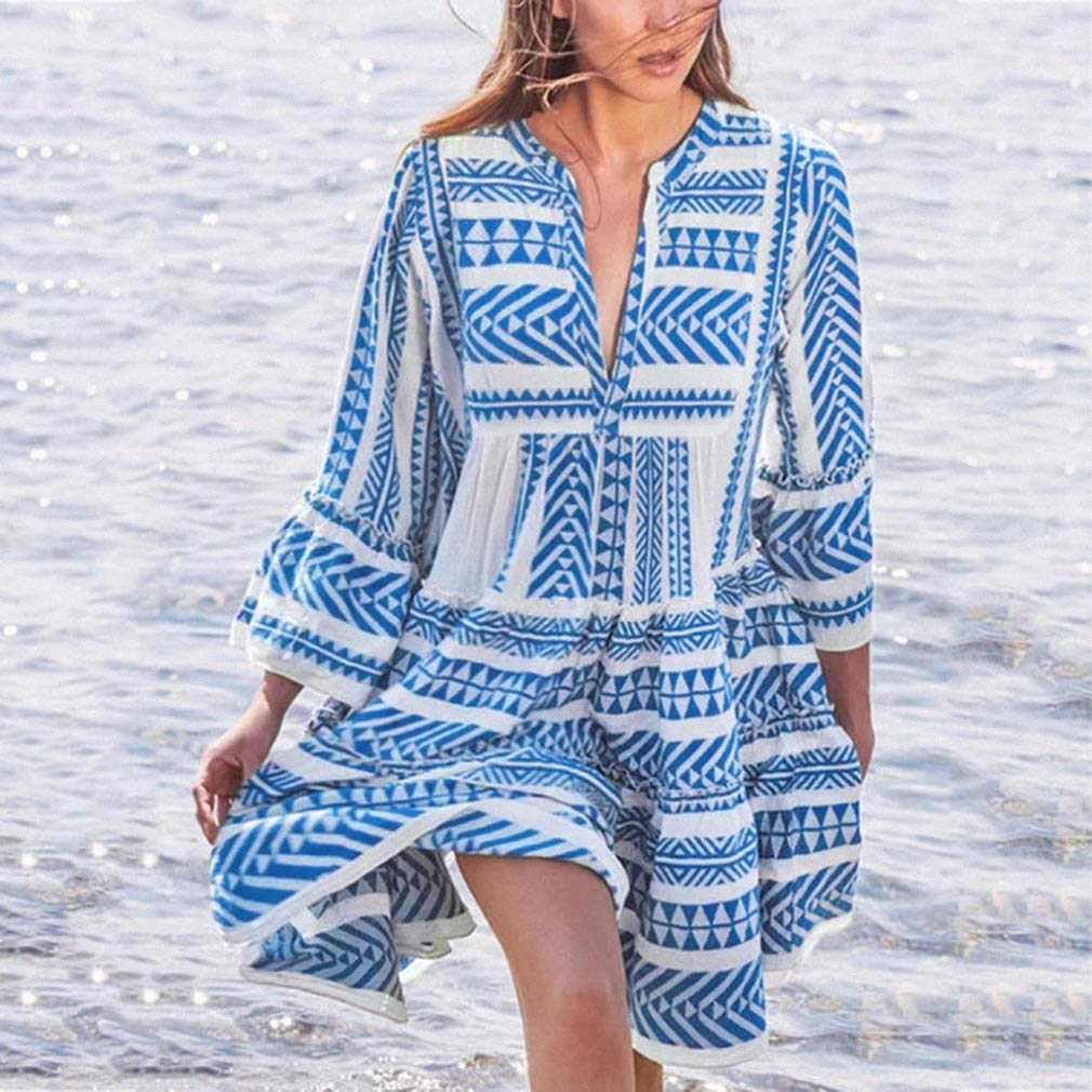 Hiuwa Women's Floral Print V-Neck Long Sleeve Mini Dress - Bohemian Beach Party & Club Wear, Summer Sun Dress for Casual Outings, Vacations and Date Nights