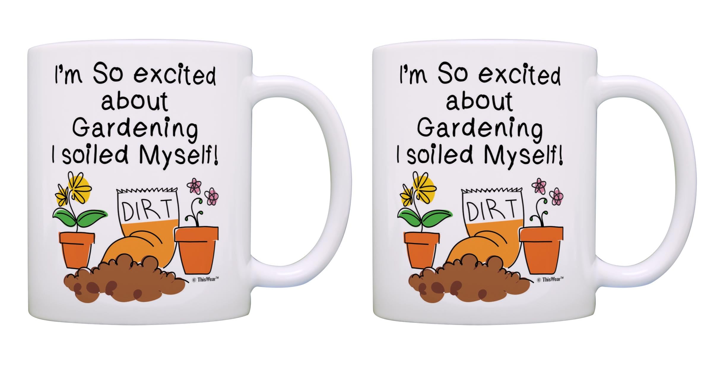 Funny Gardening Gift Set - 2 Pack 11oz Ceramic Coffee Mugs with 'So Excited About Gardening Soiled Myself' Design - Perfect for Gardeners, Plant Lovers & Outdoor Enthusiasts - Great for Morning Coffee, Garden Breaks & Gift Giving