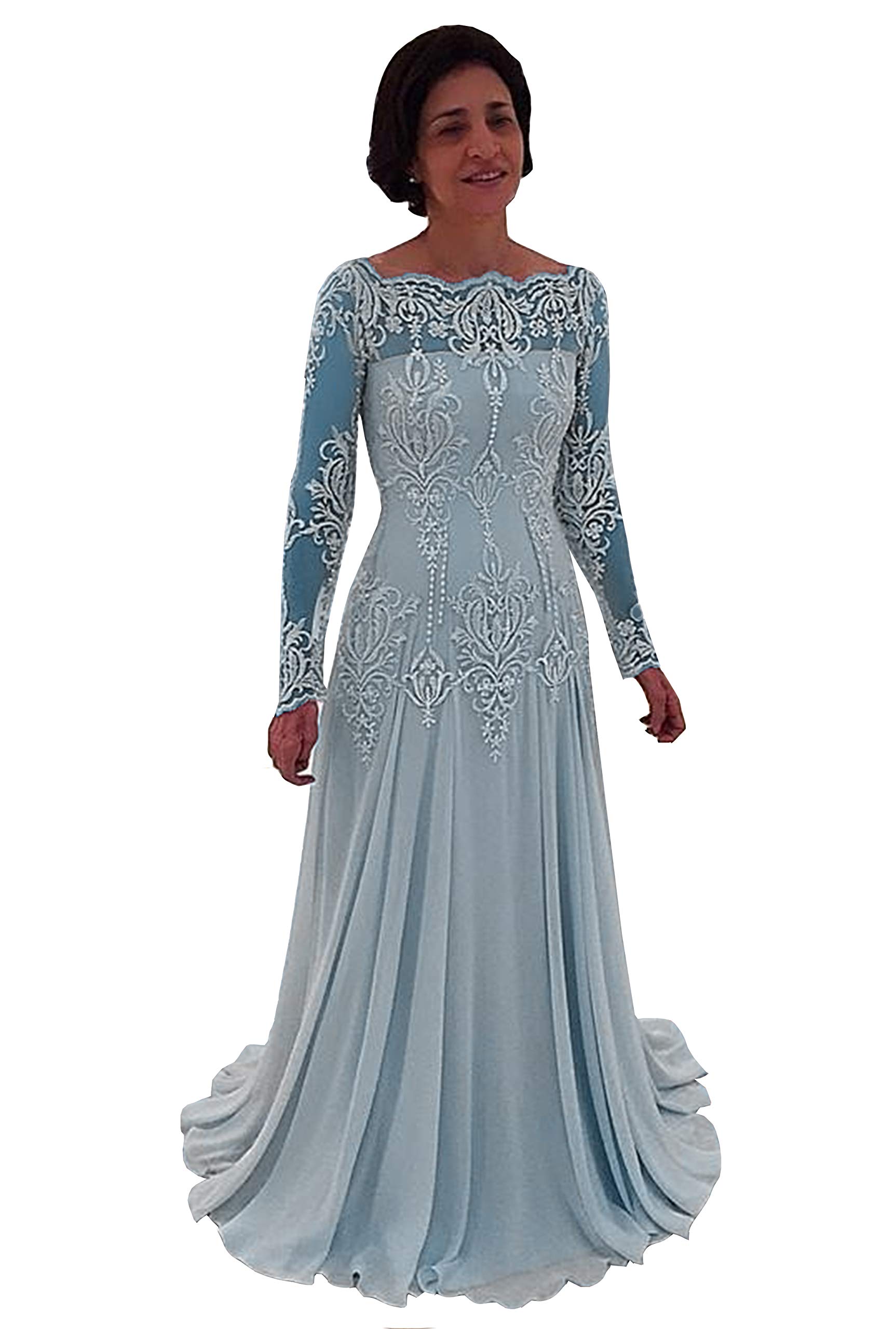 Honeydress Women's Elegant Long Sleeve Chiffon Mother of the Bride Dress - Off Shoulder Lace Embroidery Beaded Prom Gown for Weddings, Parties & Special Occasions