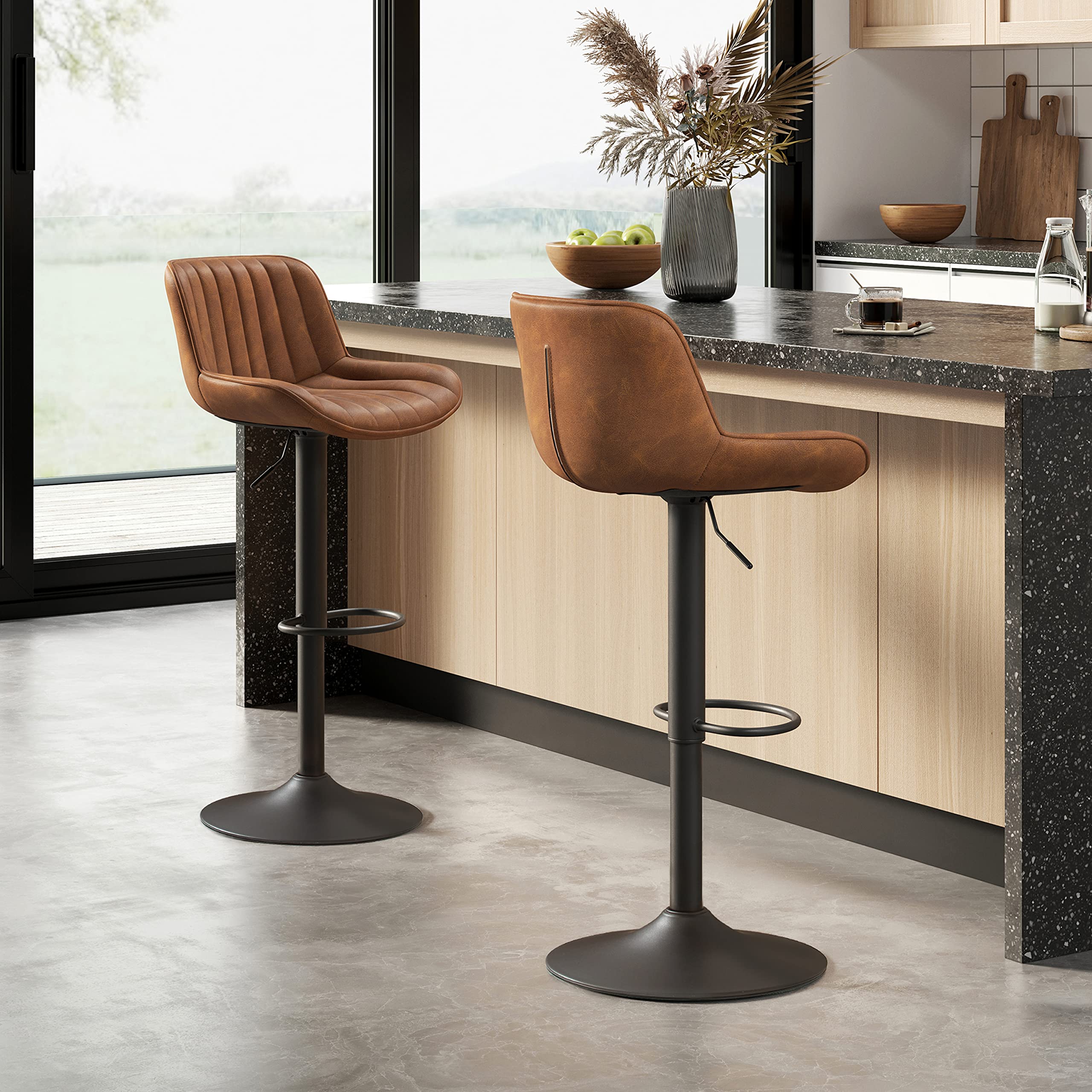 Volans Mid Century Modern Bar Stools Set of 4 - Adjustable Height Swivel Bar Chairs with Faux Leather Upholstery & Black Powder Coated Base - Perfect for Kitchen Islands, Home Bars & Dining Counter Areas