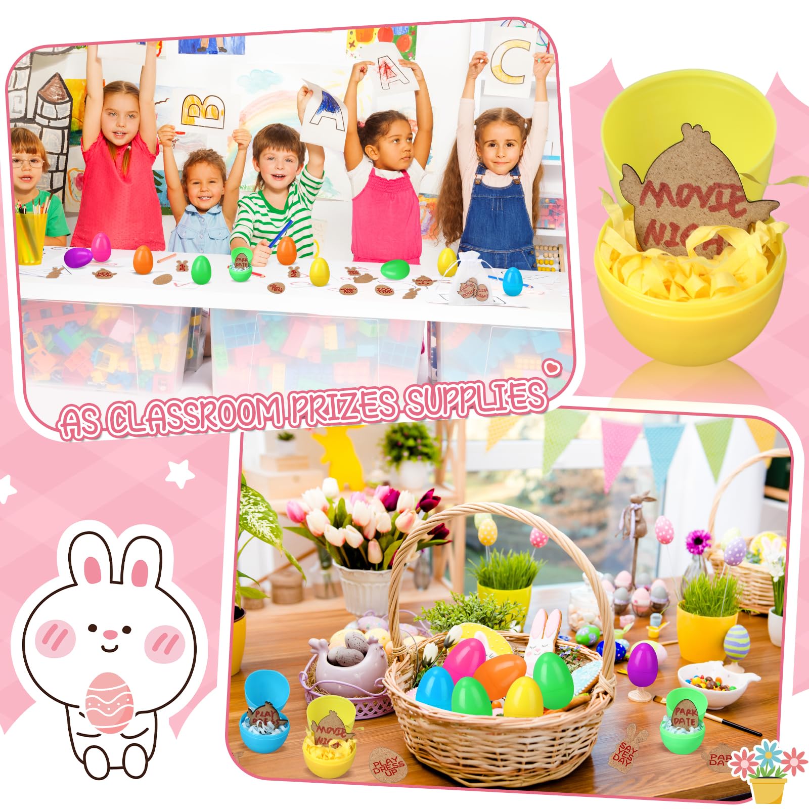 Hoolerry 48 Pack Easter Egg Tokens Set - Plastic Easter Eggs with Wooden Reward Tokens, Easter Grass & Raffia Paper Shreds - Easter Egg Hunt Prizes & Party Favors with Organza Bags - Perfect for Easter Celebrations, Classroom Rewards, and Kids' Party Games