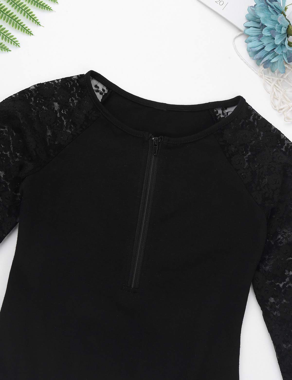 MSemis Kids Girls Lace Long Sleeve Zipper Front Tank Leotard Top for Ballet Dance Gymnastics Recital Performance Practice Class Activewear