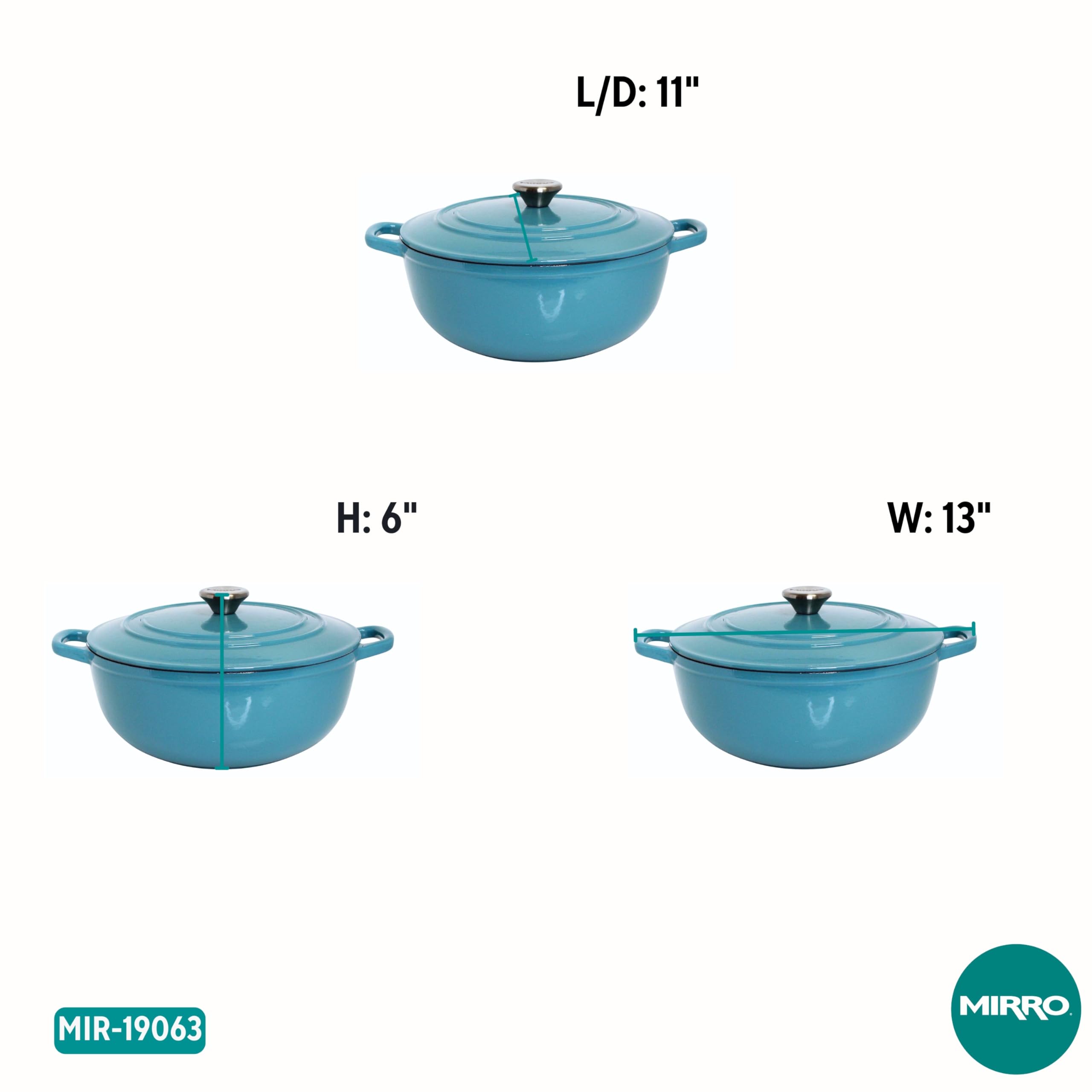 MIRRO 4.8 Quart Enameled Cast Iron Dutch Oven - Teal Blue Color - Perfect for Baking, Braising, Roasting & Slow Cooking Soups, Stews & Bread